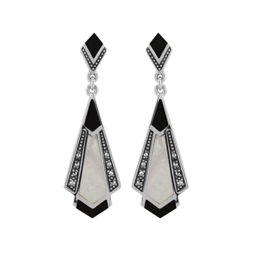 Art Deco Style Cabochon Onyx Mother Pearl & Marcasite Drop Earrings 925 Sterling Silver