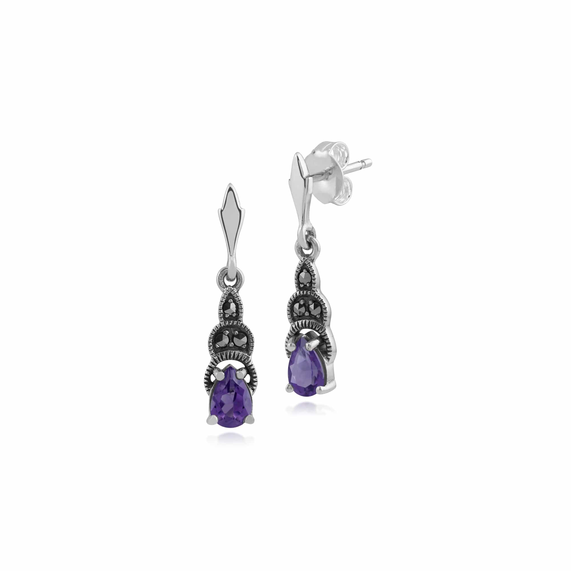 Art Deco Style Pear Amethyst & Marcasite Drop Earrings in 925 Sterling Silver - Gemondo