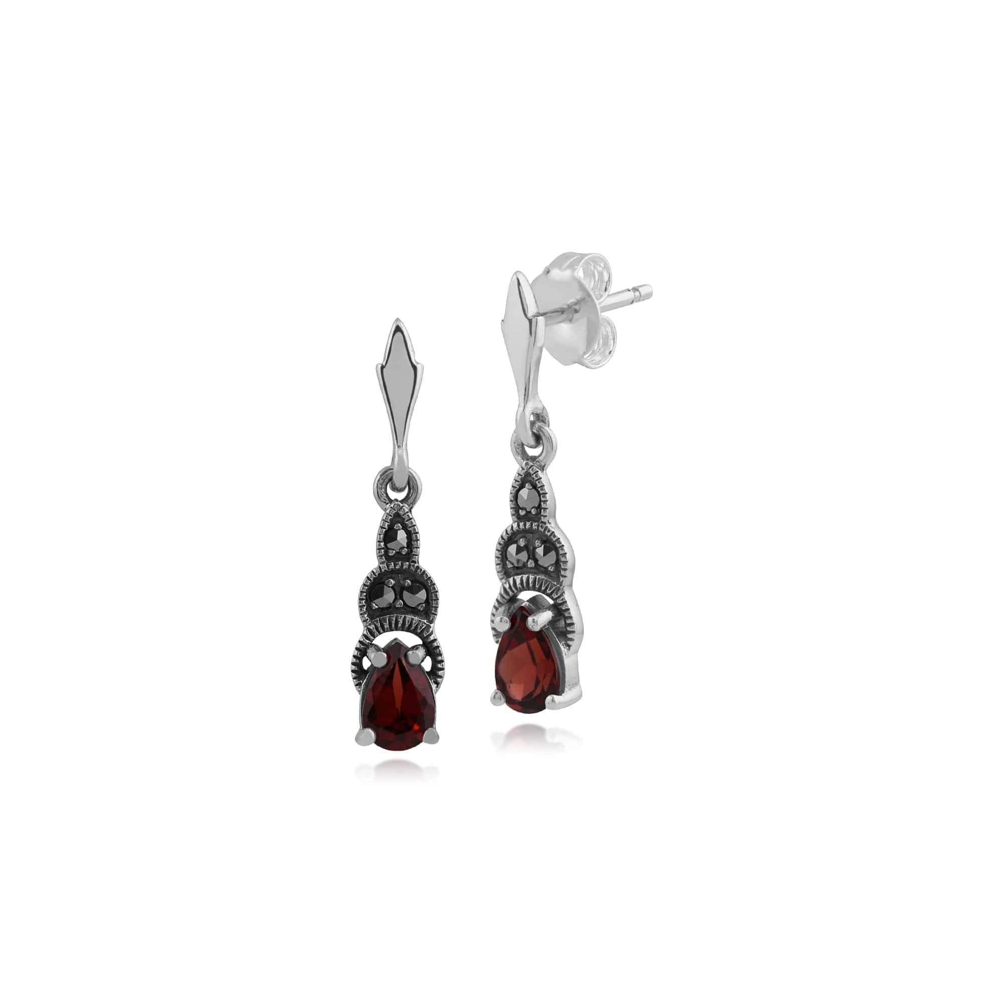 Art Deco Style Pear Garnet & Marcasite Drop Earrings in 925 Sterling Silver - Gemondo