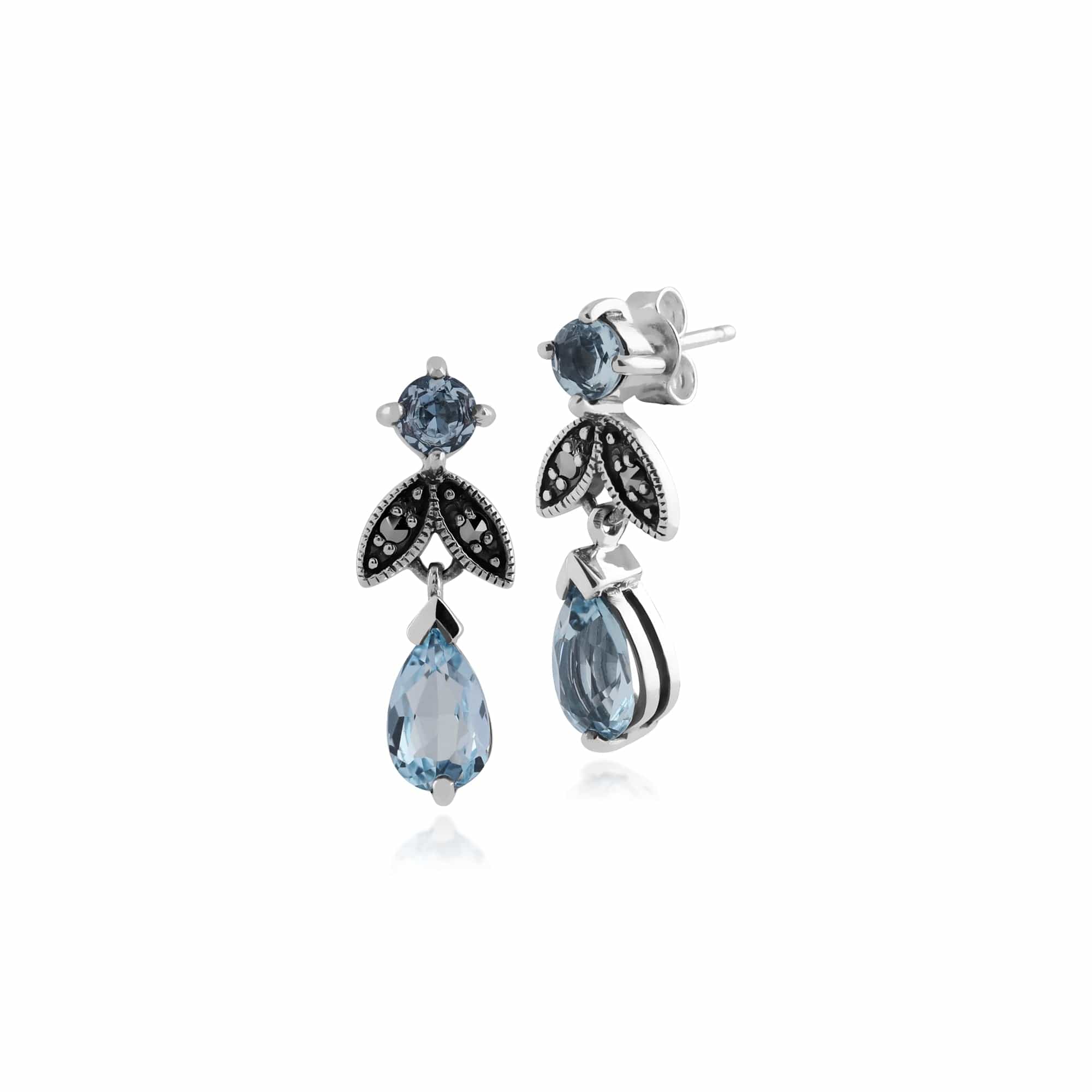 Art Nouveau Style Pear Blue Topaz & Marcasite Drop Earrings in 925 Sterling Silver - Gemondo