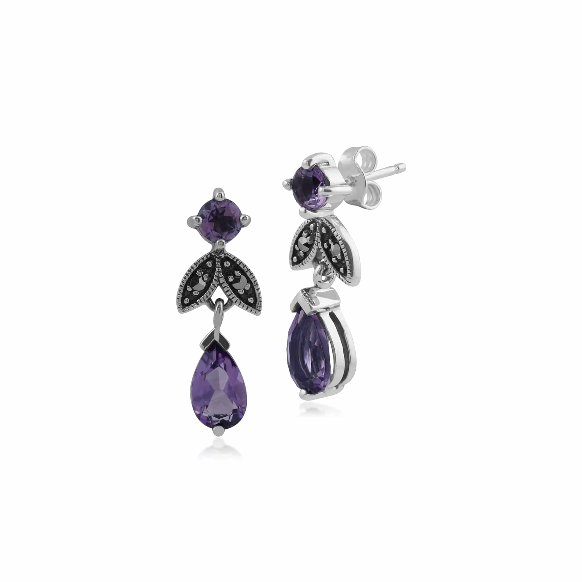 Art Deco Style Pear Amethyst & Marcasite Drop Earrings in 925 Sterling Silver - Gemondo