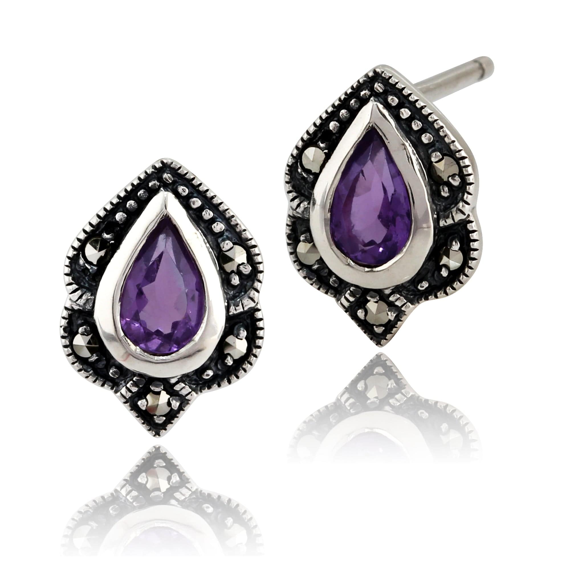 Art Nouveau Amethyst & Marcasite Leaf Stud Earrings & Pendant Set Image 2