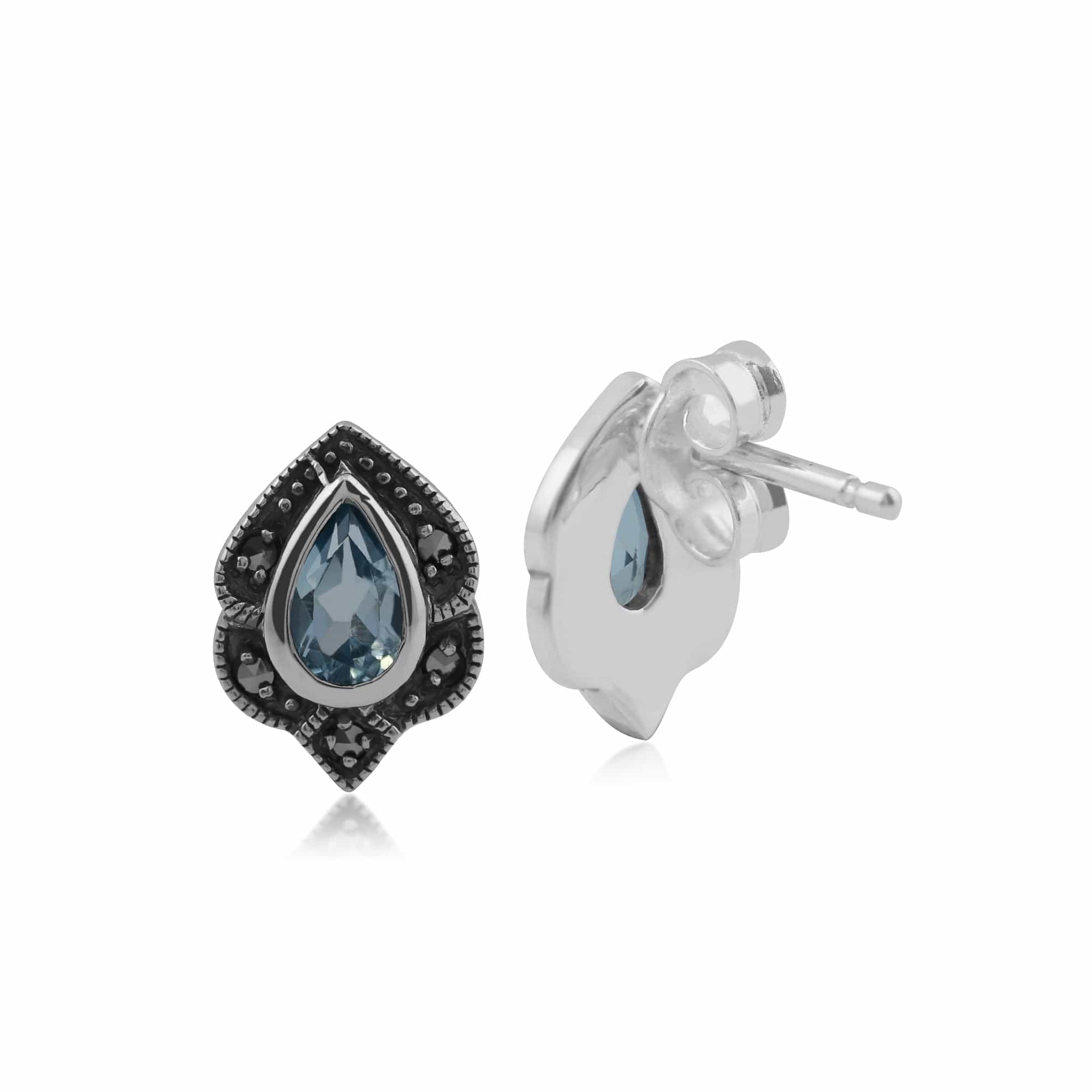Art Nouveau Style Pear Blue Topaz & Marcasite Leaf Stud Earrings in 925 Sterling Silver - Gemondo
