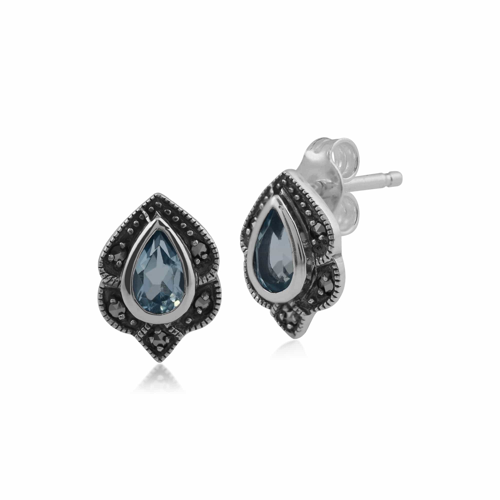 Art Nouveau Style Pear Blue Topaz & Marcasite Leaf Stud Earrings in 925 Sterling Silver - Gemondo