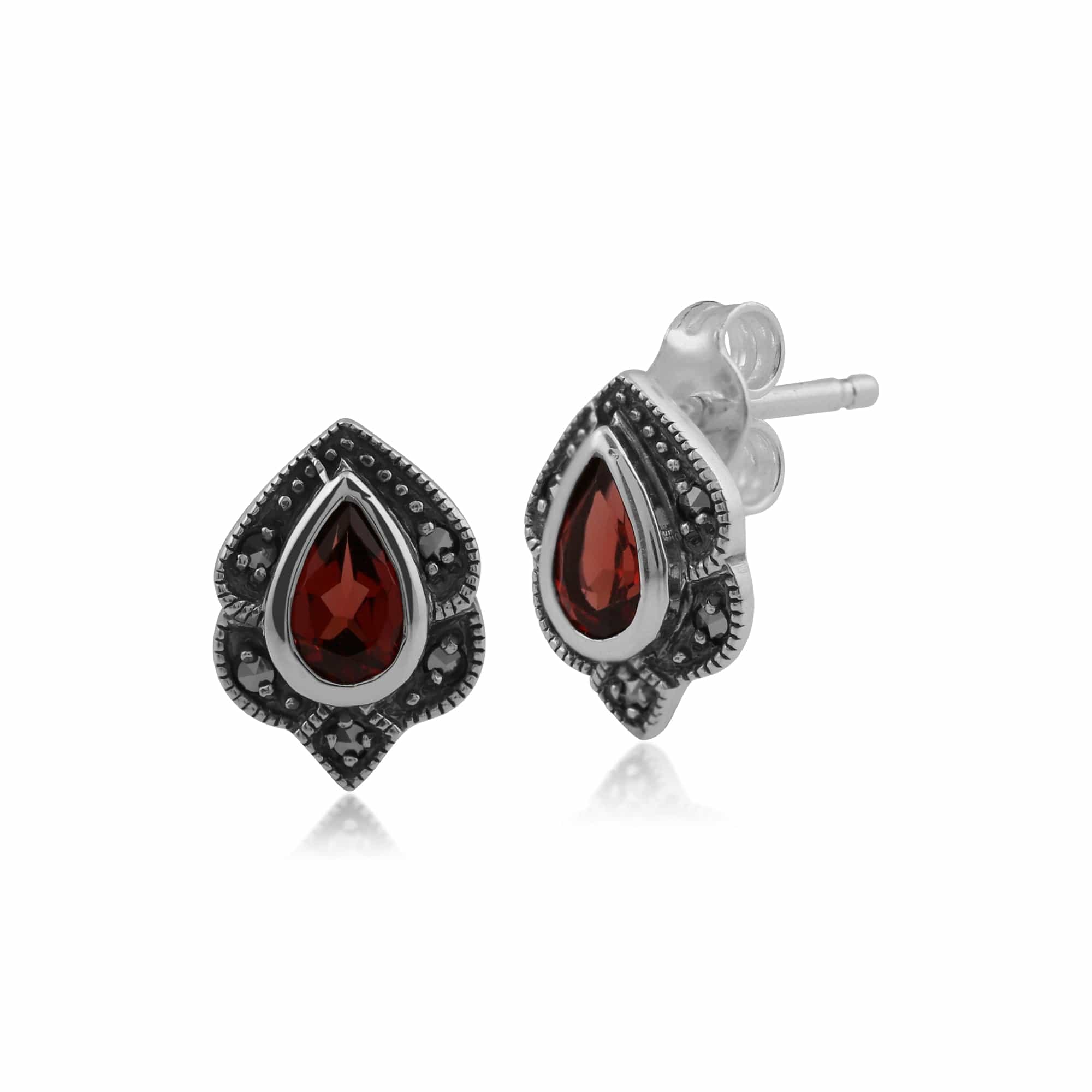 Stud Earrings Garnet Marcasite Silver