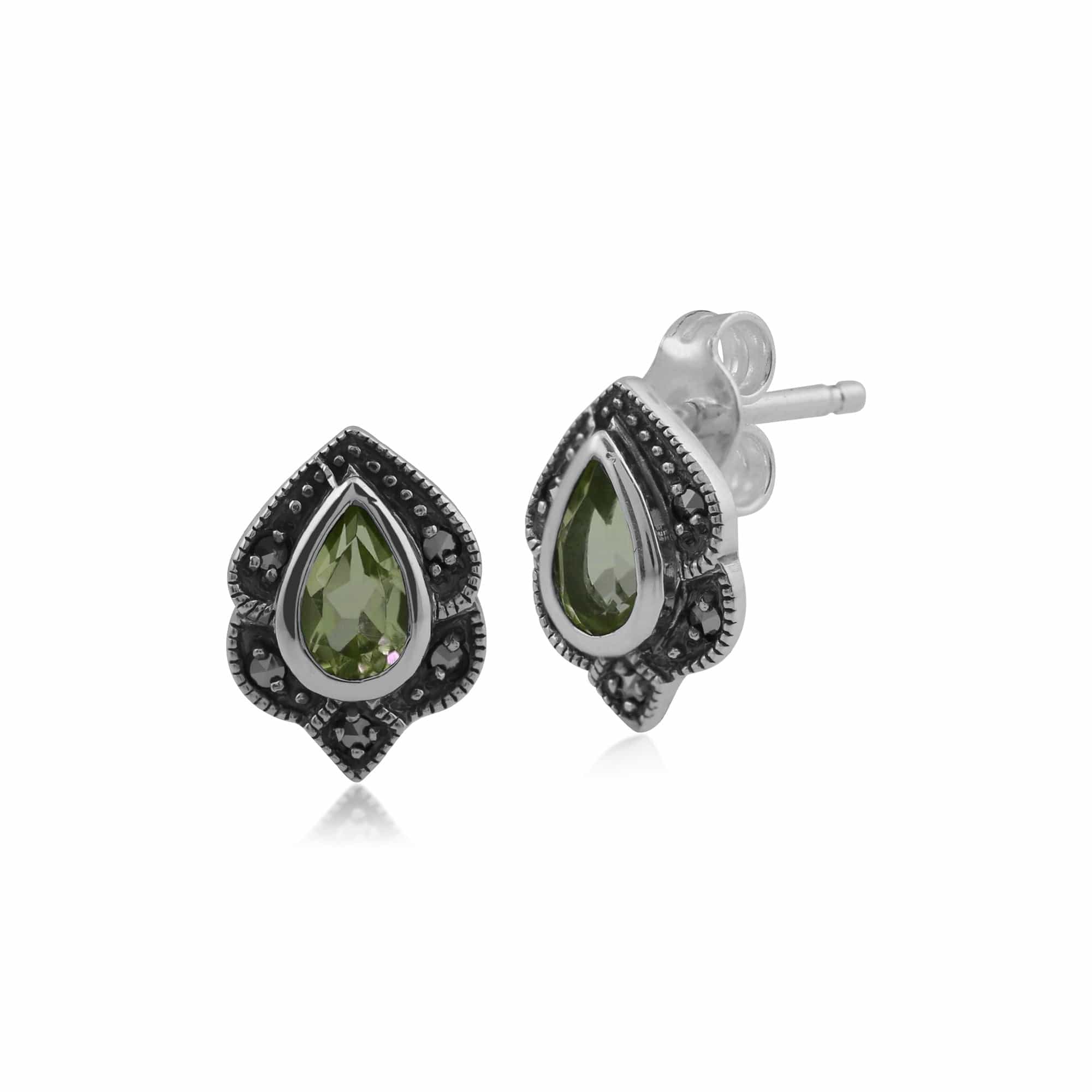 Art Nouveau Style Pear Peridot & Marcasite Leaf Stud Earrings in 925 Sterling Silver - Gemondo