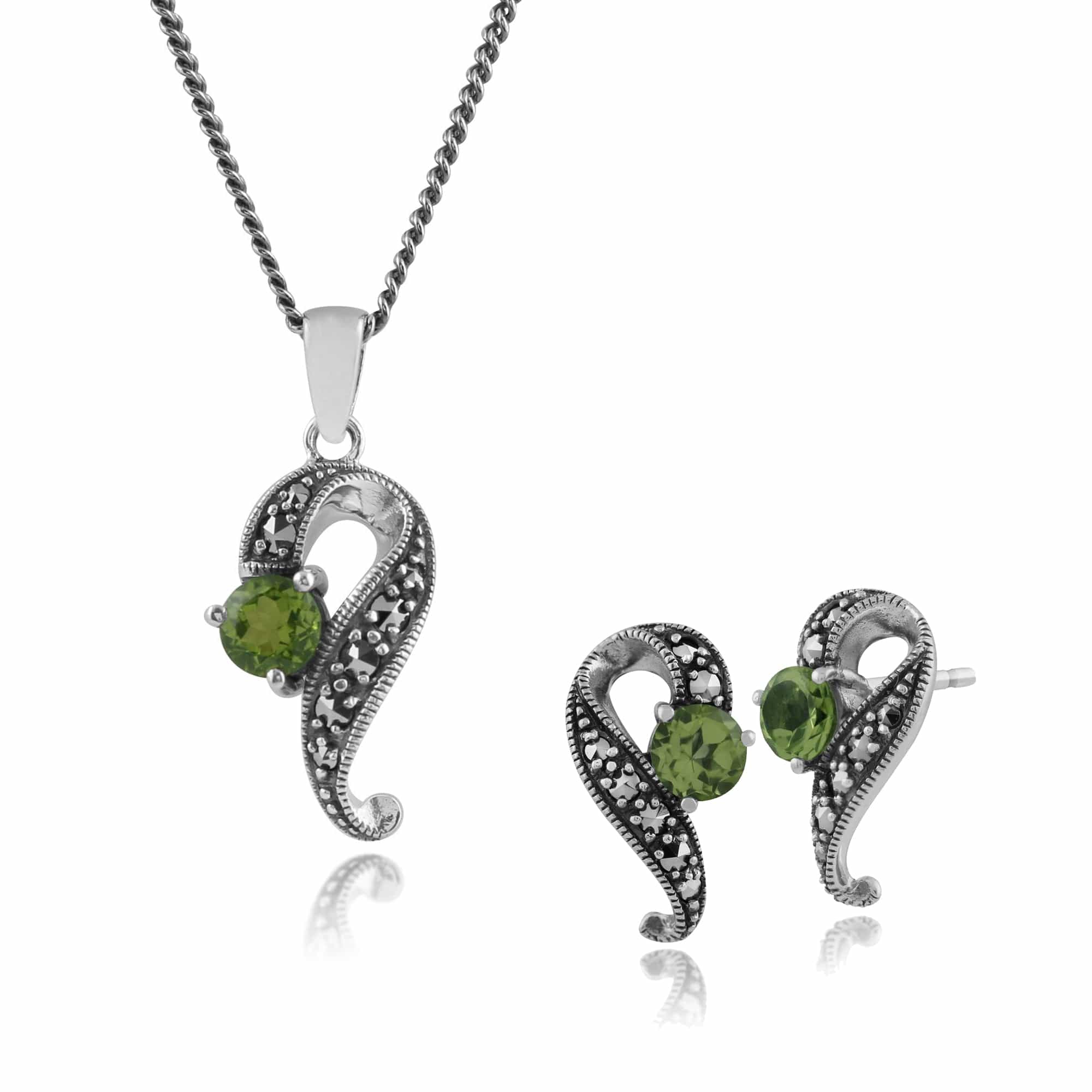 214E555802925-214N449003925 Art Nouveau Style Round Peridot & Marcasite Twisted Stud Earrings & Pendant Set in 925 Sterling Silver 1