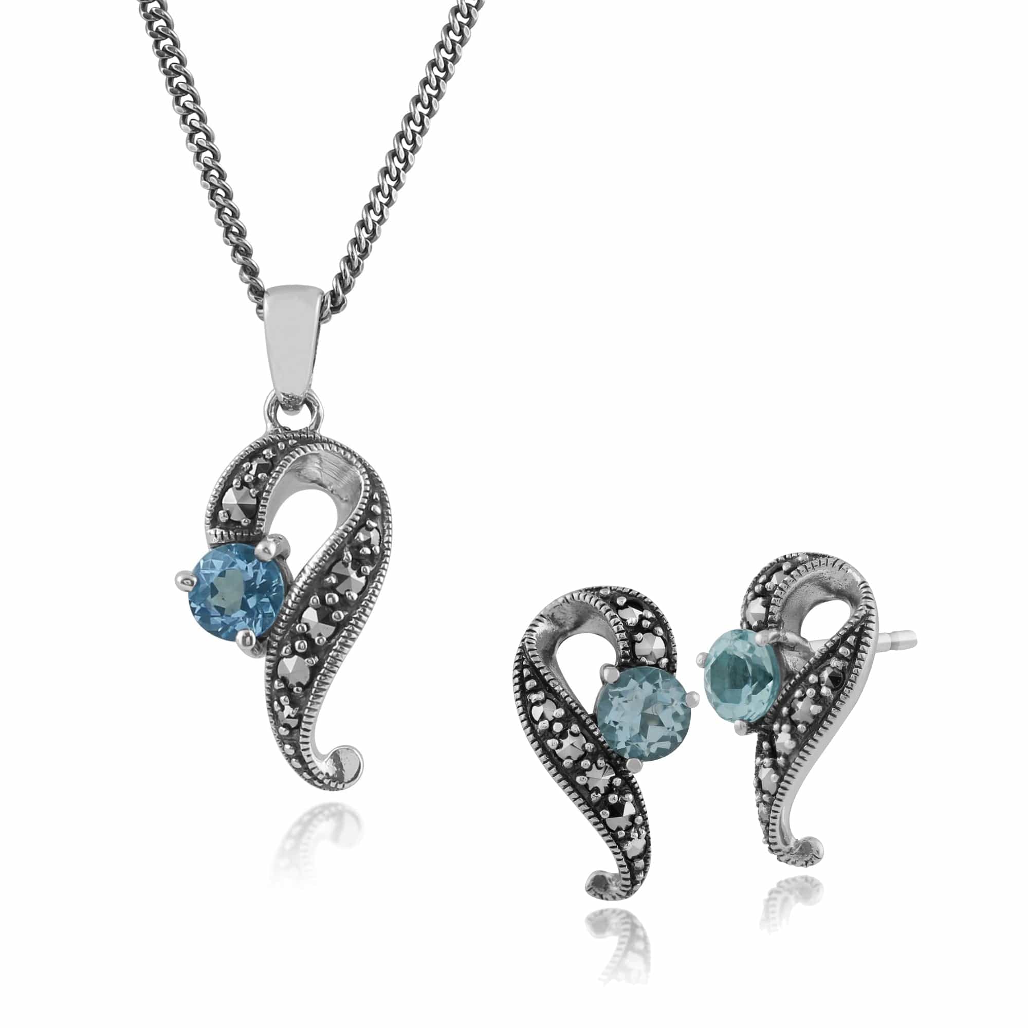214E555803925-214N449002925 Art Nouveau Style Blue Topaz & Marcasite Twisted Stud Earrings & Pendant Set in Sterling Silver 1