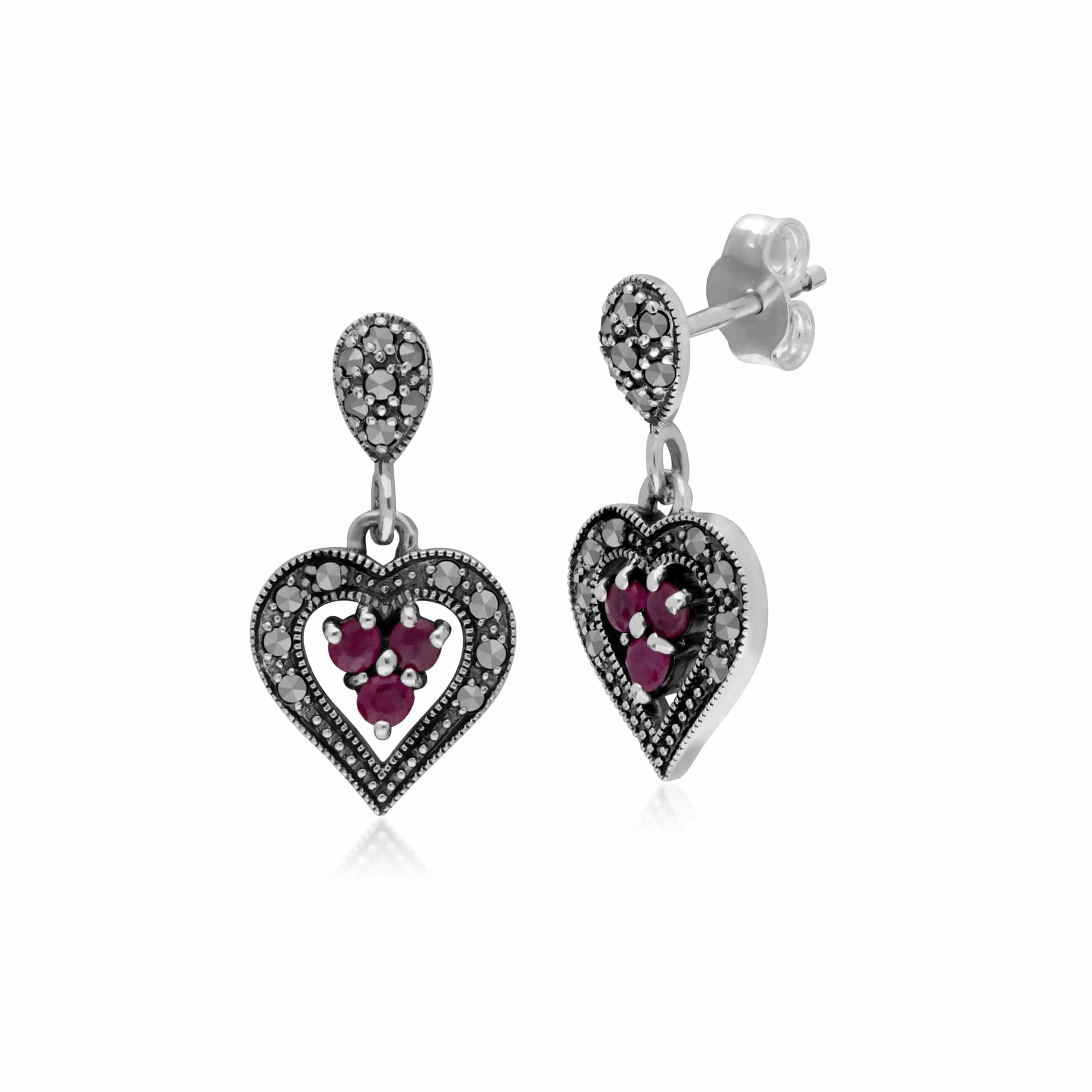 Art Deco Style  Round Ruby & Marcasite Heart Drop Earrings in 925 Sterling Silver - Gemondo