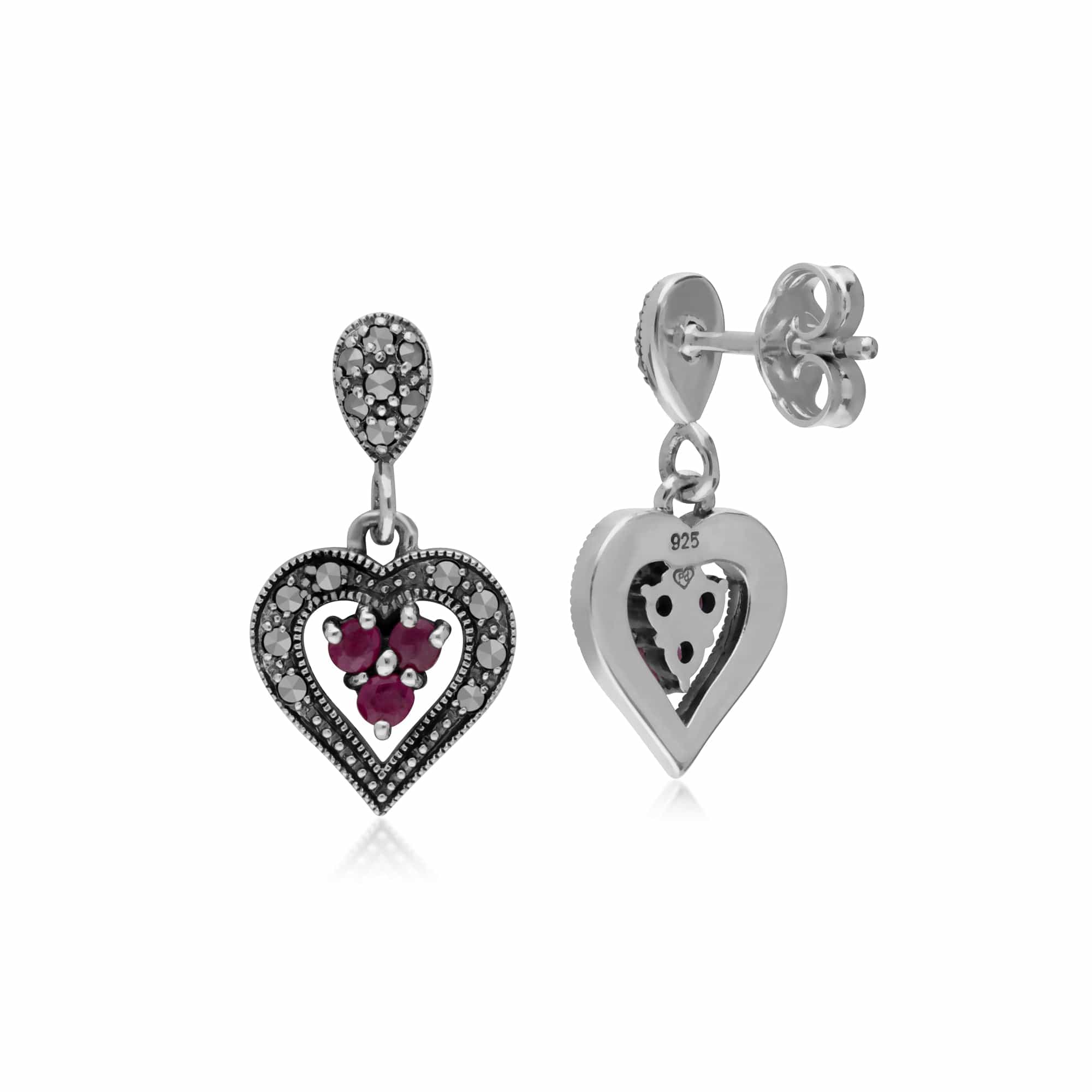 Art Deco Style  Round Ruby & Marcasite Heart Drop Earrings in 925 Sterling Silver - Gemondo