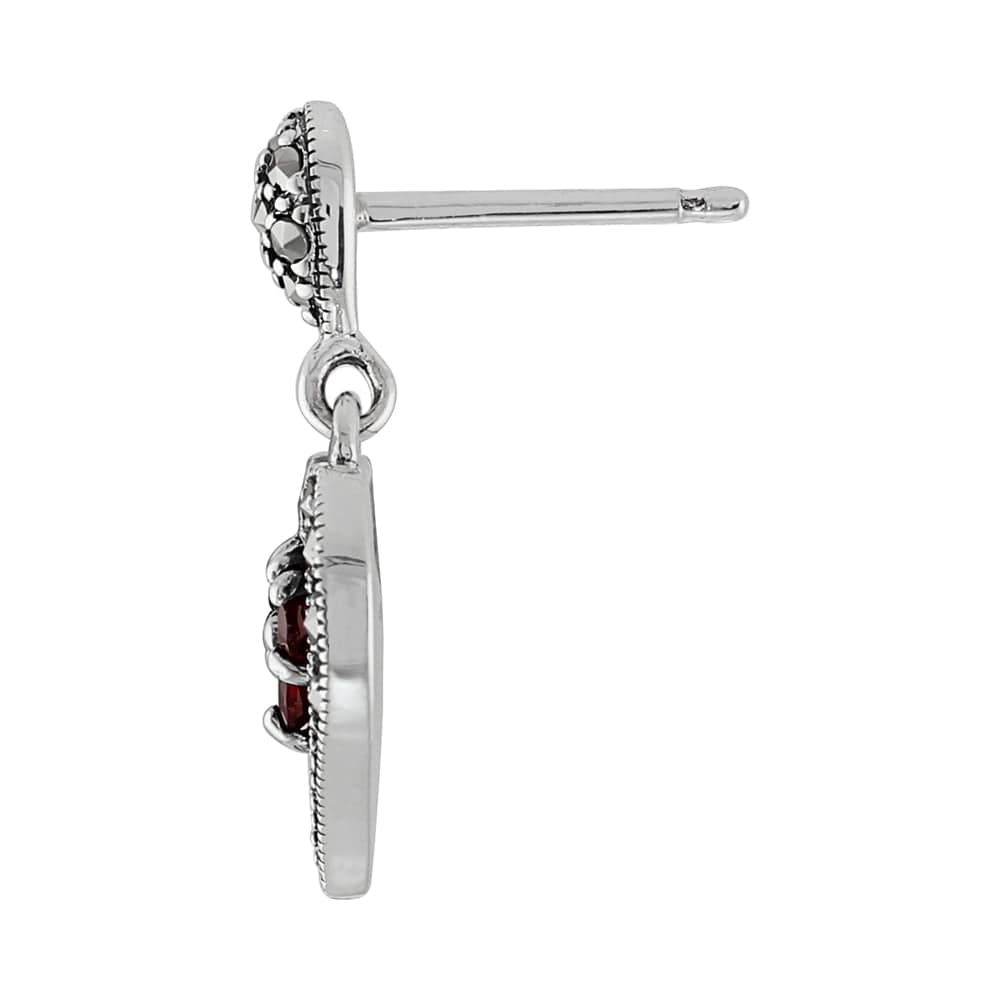 24080-27369 Art Deco Style Style Round Garnet & Marcasite Cluster Heart Drop Earrings & Pendant Set in 925 Sterling Silver 3