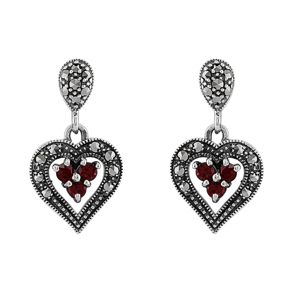 Art Deco Earrings Heart Garnet Silver