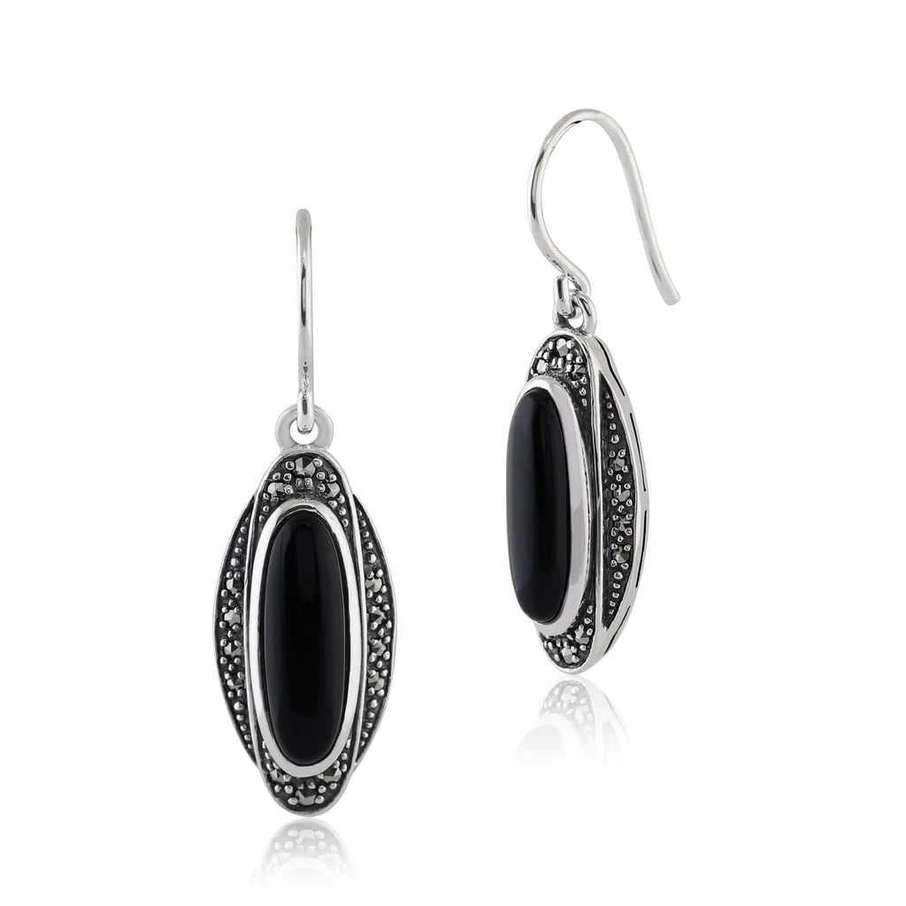 Art Deco Style Oval Onyx Cabochon & Marcasite Drop Earrings 925 Sterling Silver