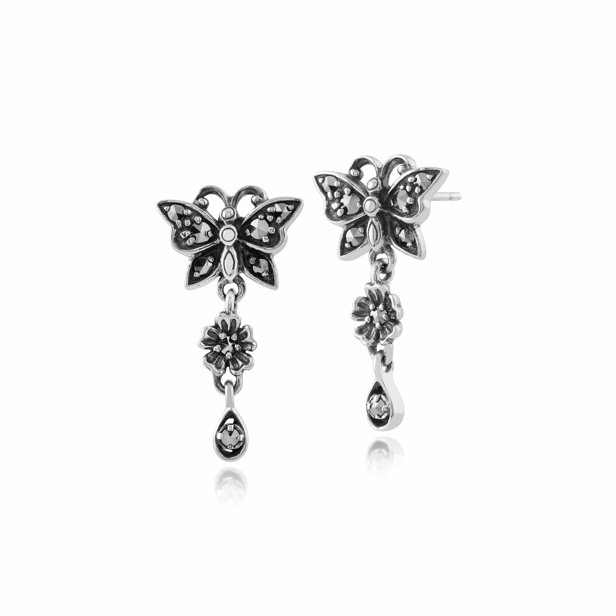 Art Nouveau Style Round Marcasite Butterfly Drop Earrings in 925 Sterling Silver - Gemondo