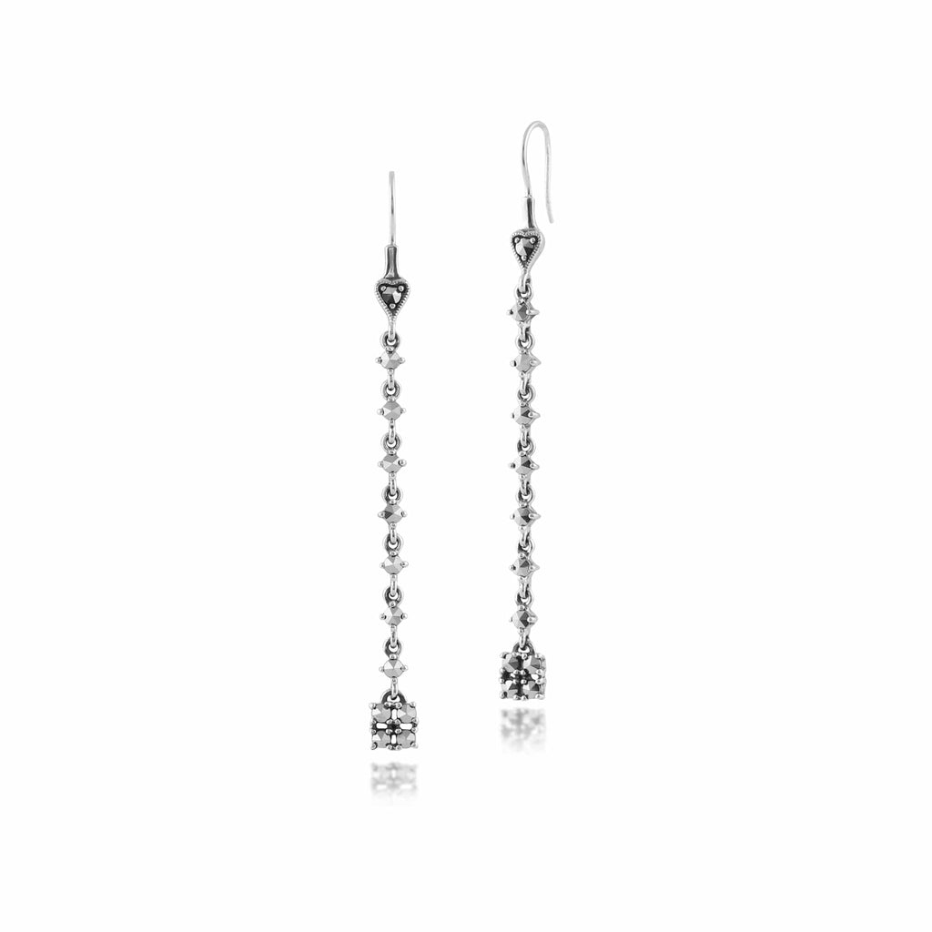 Art Deco Style Round Marcasite Long Dangle Drop Earrings 925 Sterling