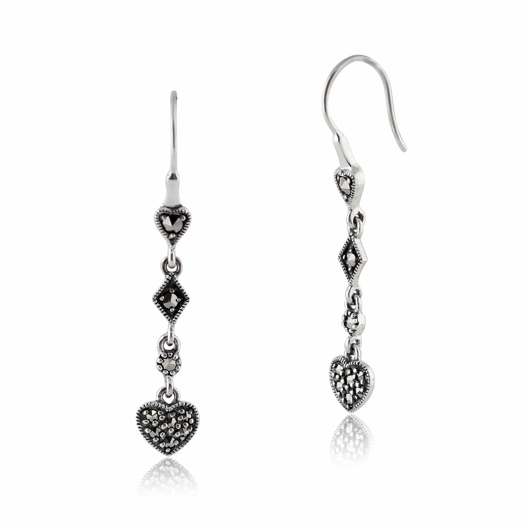 Art Deco Style Round Marcasite Pave Set Heart Drop Earrings 925 Sterling