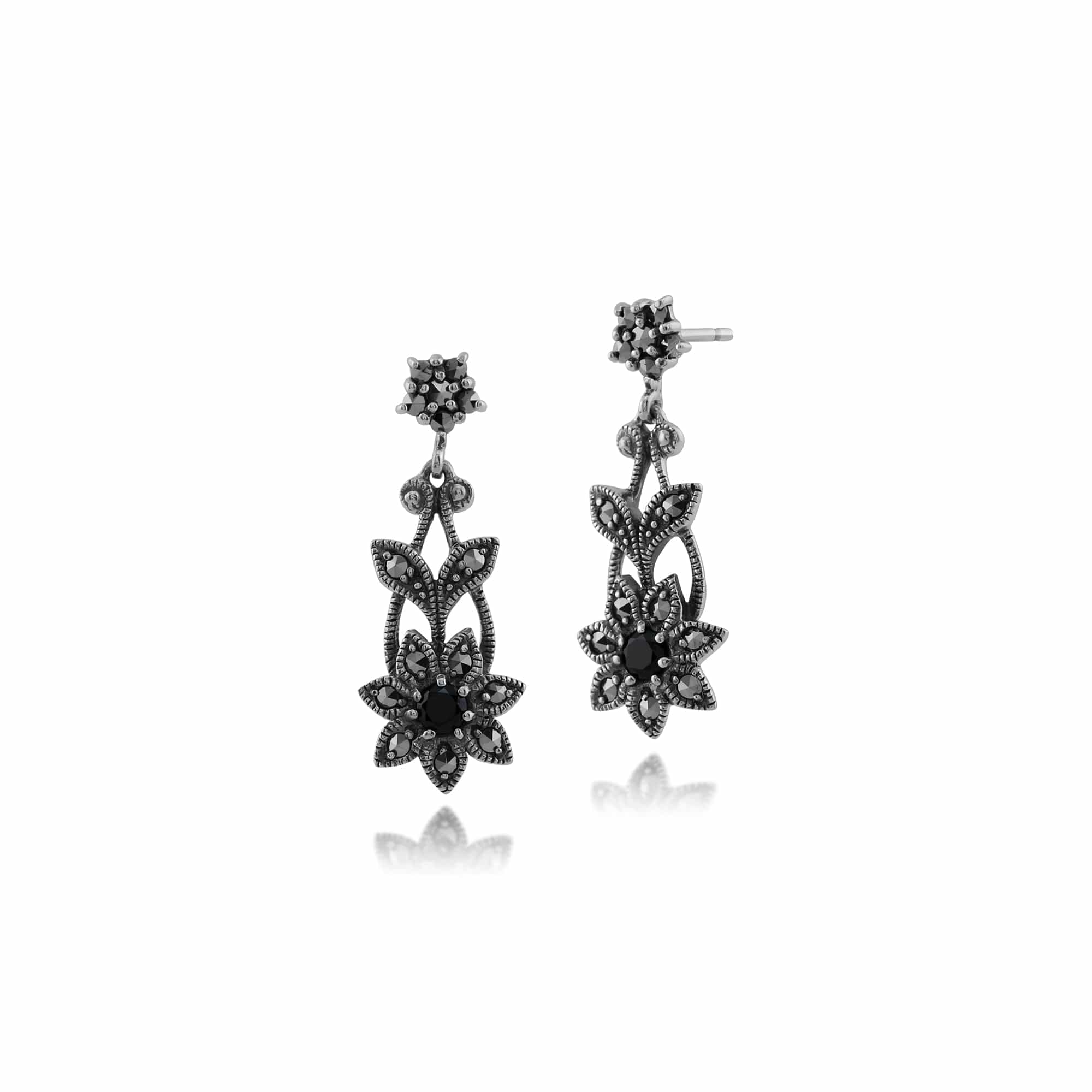 Art Nouveau Style Black Spinel & Marcasite Floral Drop Earrings in 925 Sterling Silver - Gemondo