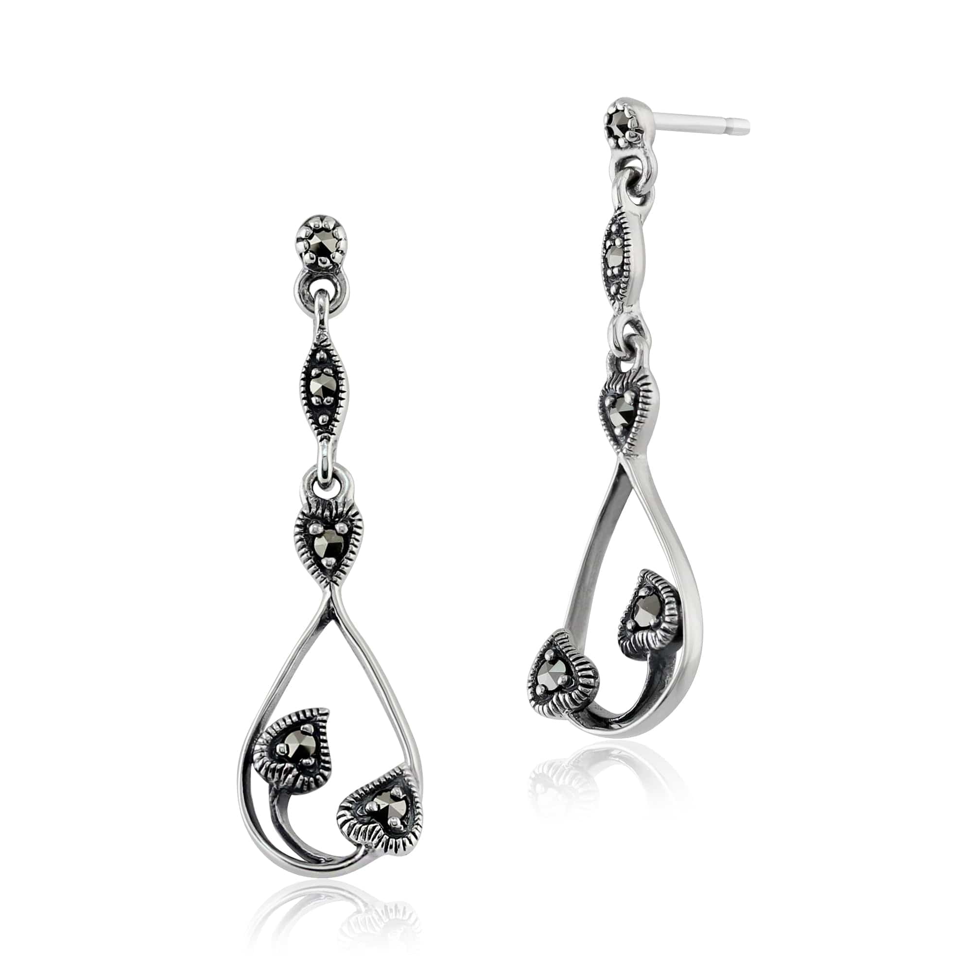 Art Nouveau Style Round Marcasite Drop Earrings in 925 Sterling Silver - Gemondo