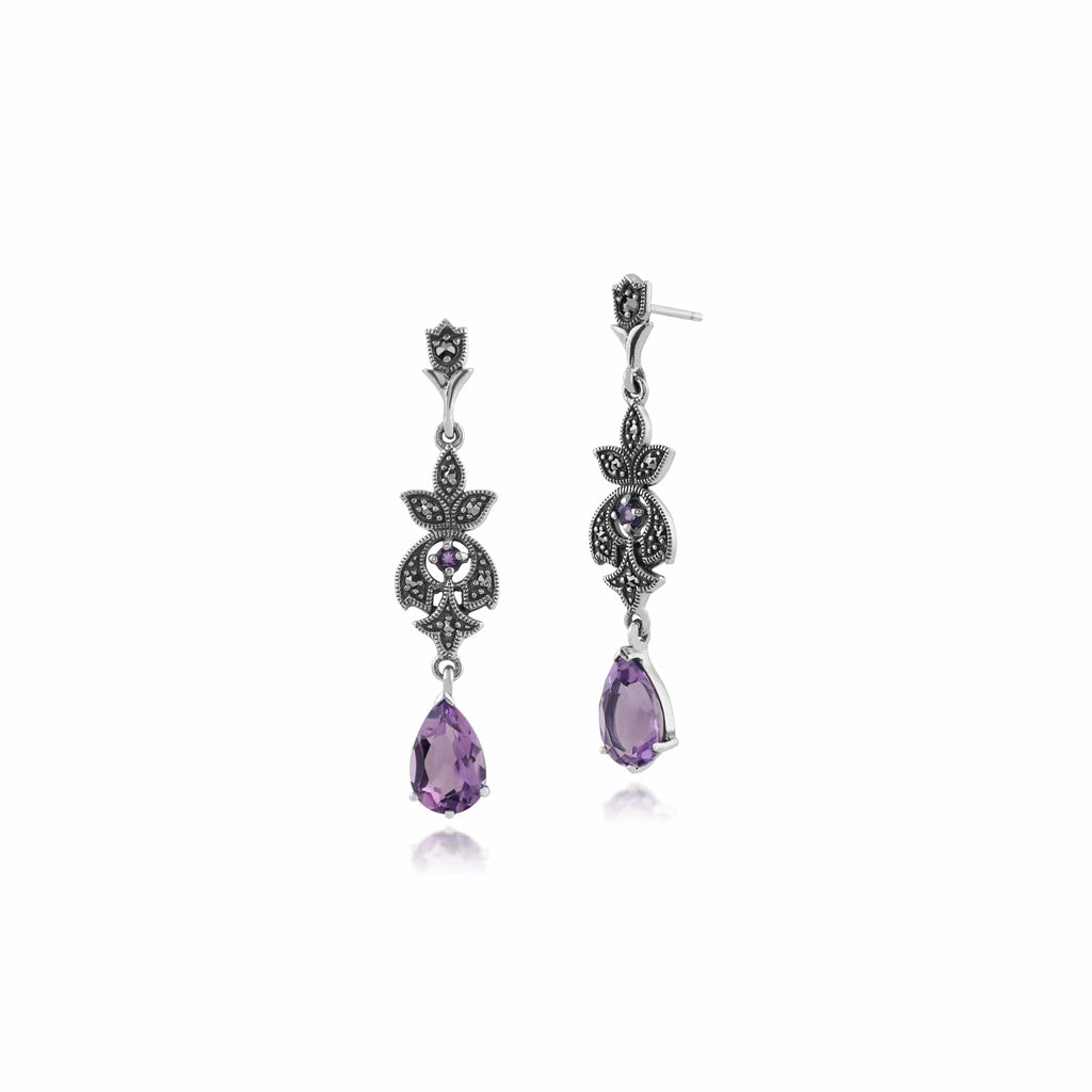 Art Nouveau Style Pear Amethyst & Round Marcasite Drop Earrings 925 Sterling