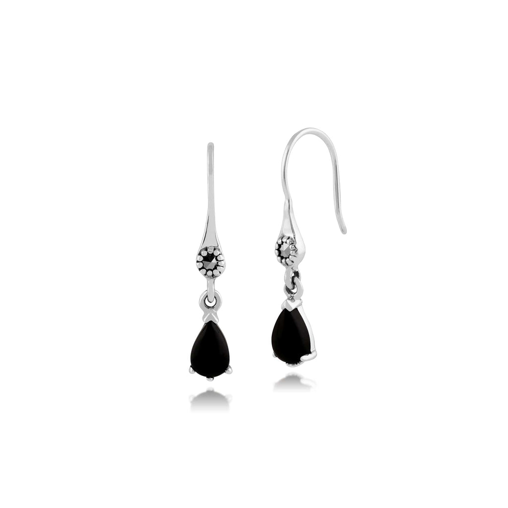Art Nouveau Style Pear Onyx & Marcasite Drop Earrings 925 Sterling Silver