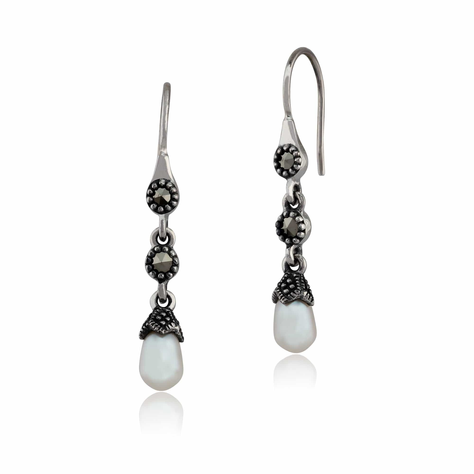 Art Nouveau Style Freshwater Pearl & Marcasite Drop Earrings in 925 Sterling Silver - Gemondo