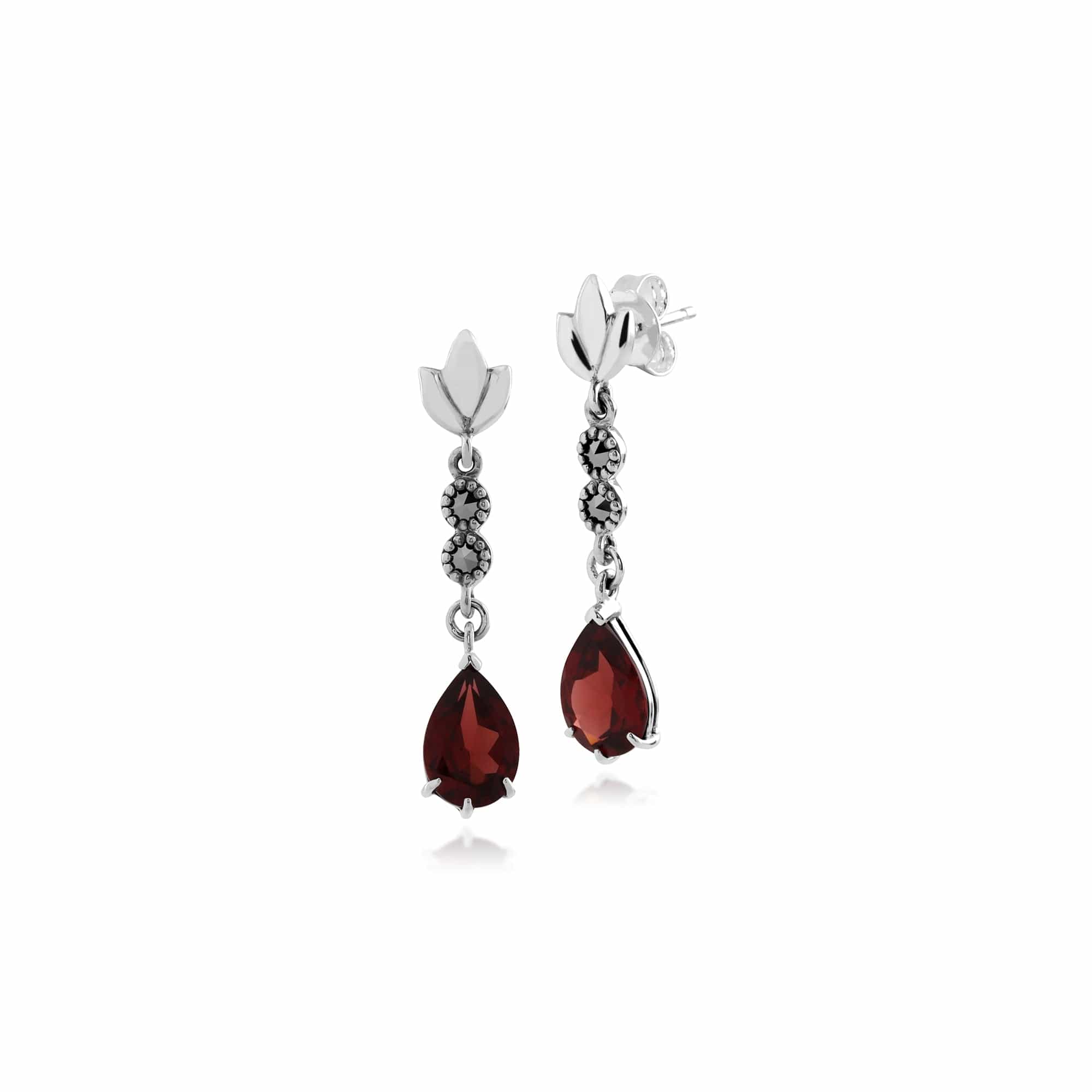 Art Nouveau Style Pear Garnet & Marcasite Drop Earrings in 925 Sterling Silver - Gemondo