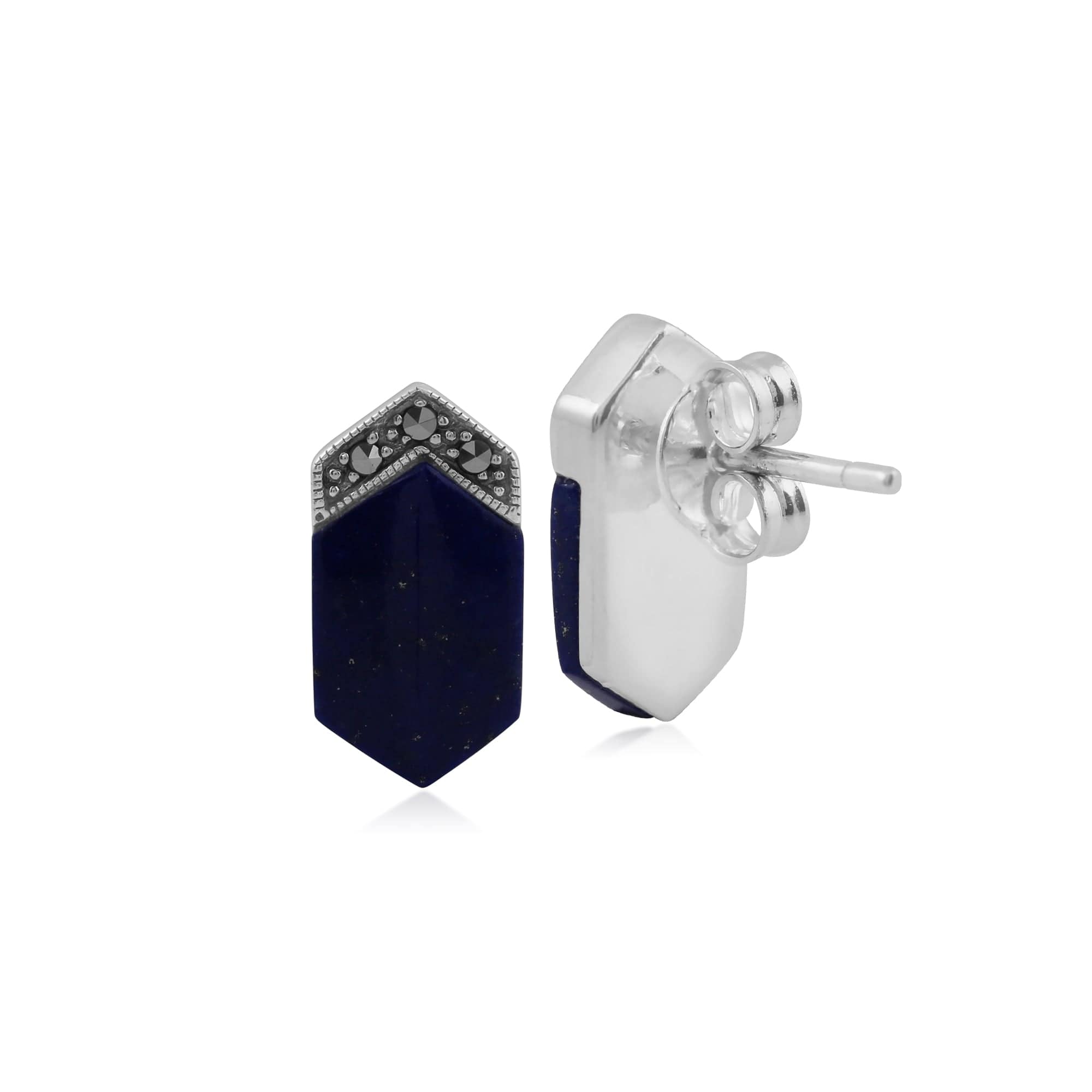 Art Deco Style Lapis Lazuli Cabochon & Marcasite Long Hexagon Studs in 925 Sterling Silver - Gemondo