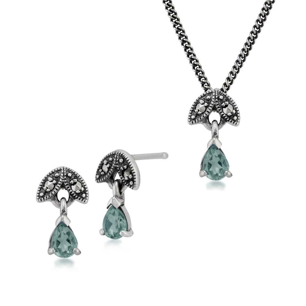 Art Deco Aquamarine & Marcasite Leaf Stud Earrings & Pendant Set Image 1