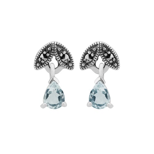 Art Deco Aquamarine & Marcasite Leaf Stud Earrings & Pendant Set Image 2