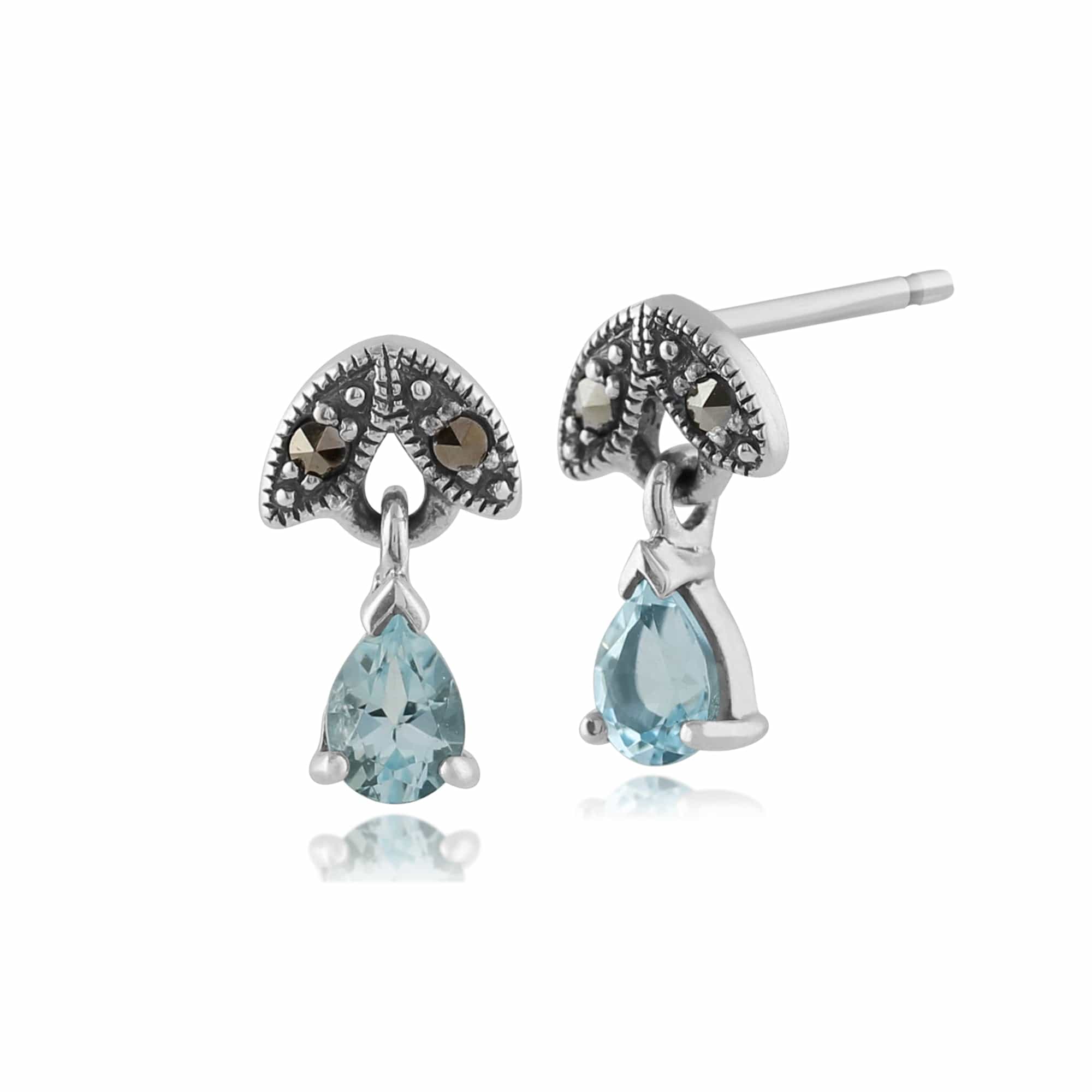 Art Nouveau Style Pear Aquamarine & Marcasite Drop Earrings in 925 Sterling Silver