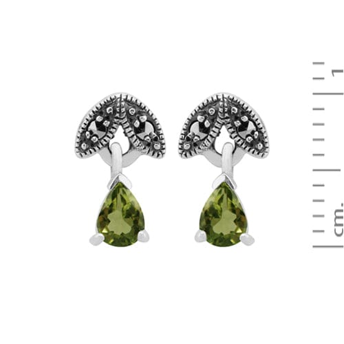 Art Nouveau Style Pear Peridot & Marcasite Drop Earrings in 925 Sterling Silver - Gemondo