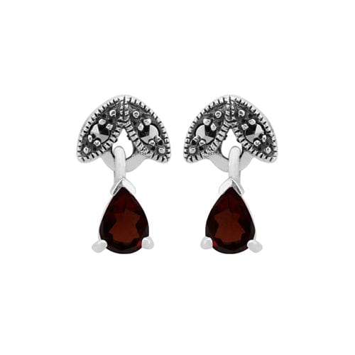 Art Nouveau Style Pear Garnet & Marcasite Drop Earrings  Silver