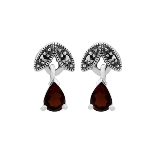 Art Nouveau Style Pear Garnet & Marcasite Drop Earrings 925 Sterling
