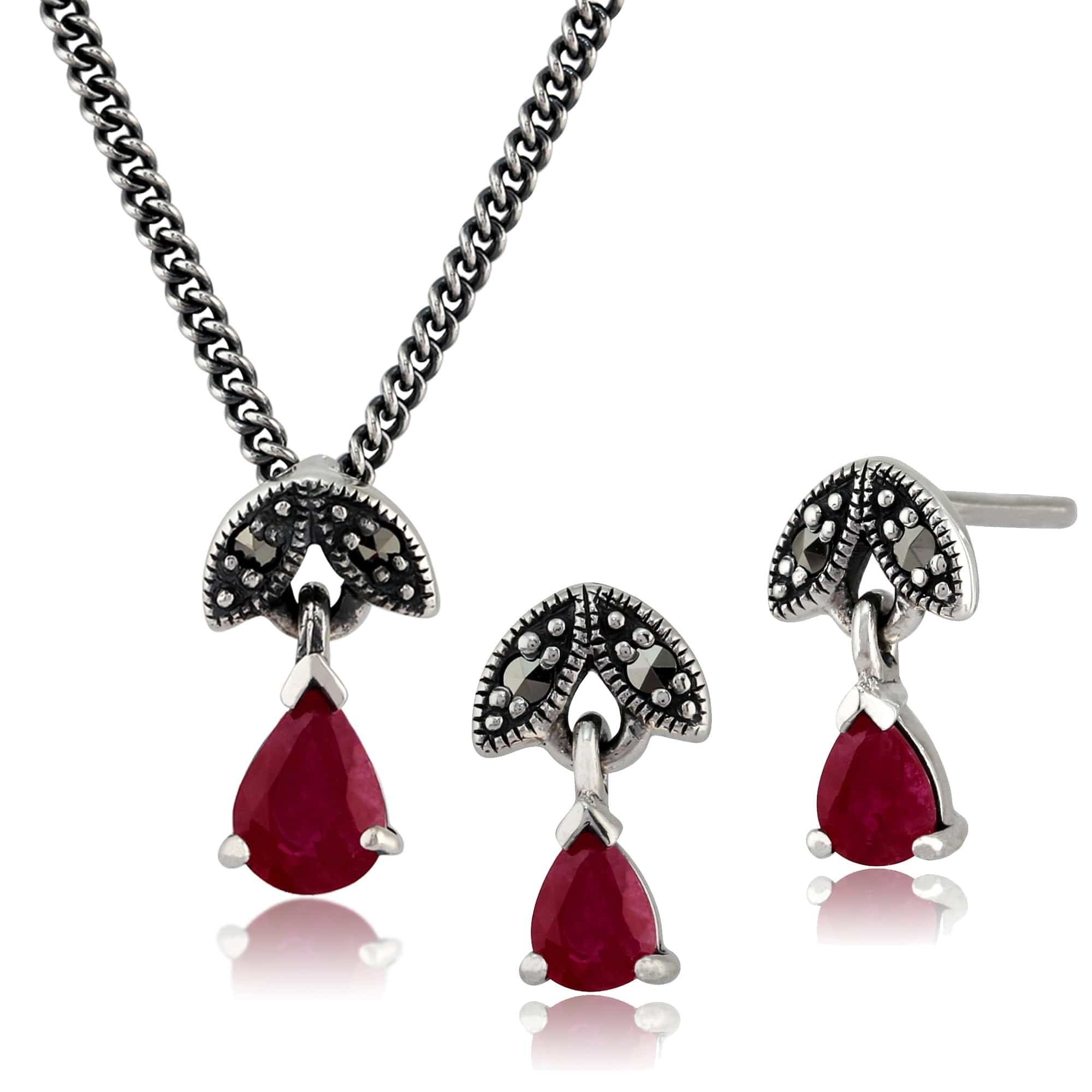 Art Deco Ruby Leaf Drop Earrings & Pendant Set Image 1