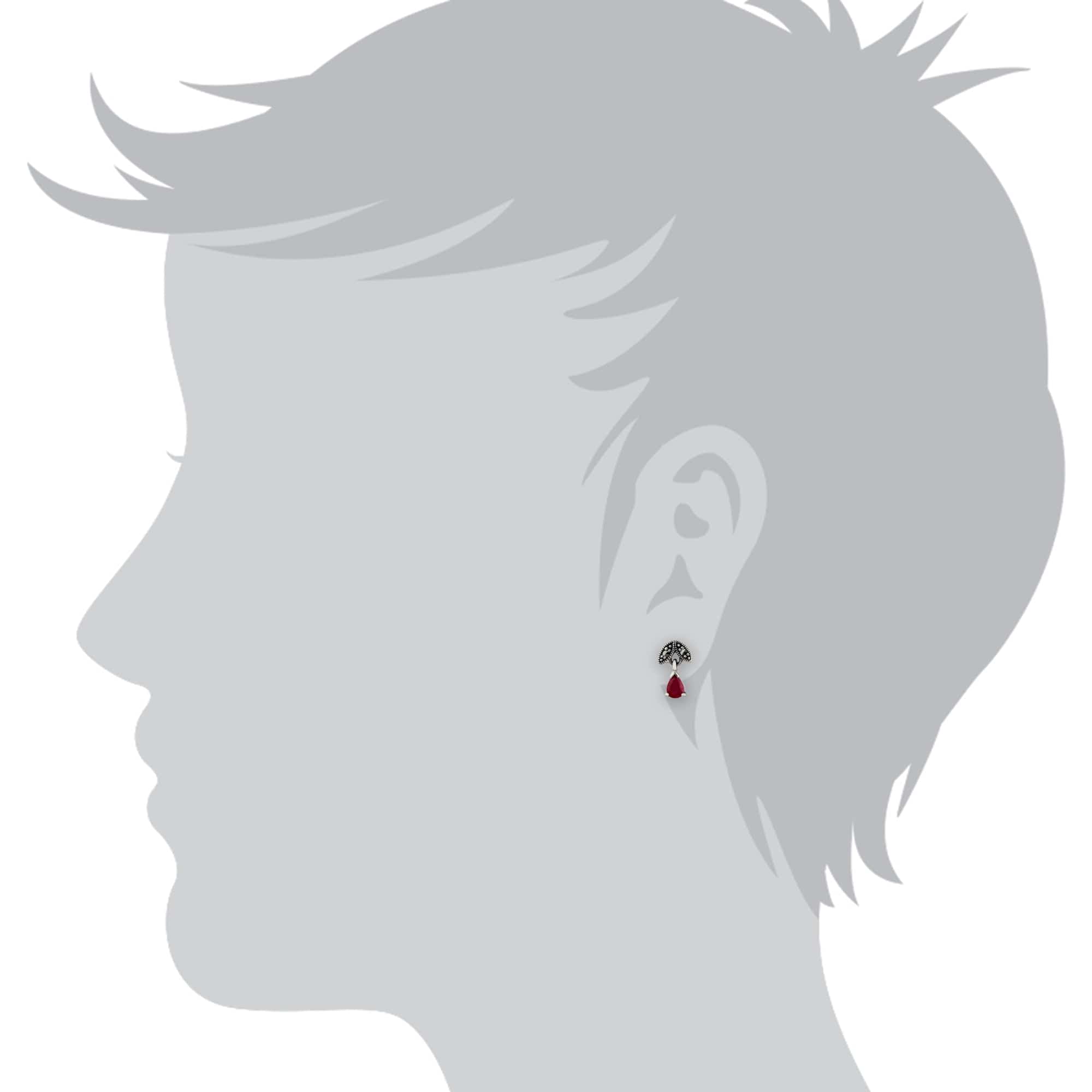 214E686112925-214N488912925 Art Deco Style Pear Ruby & Marcasite Leaf Drop Earrings & Pendant Set in 925 Sterling Silver 3