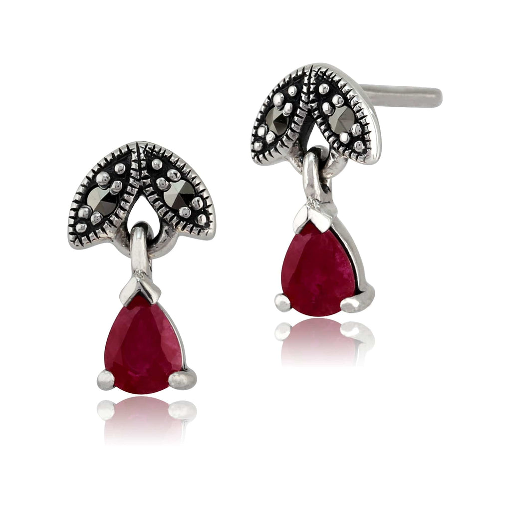 Art Nouveau Style Pear Ruby & Marcasite Drop Earrings 925 Sterling