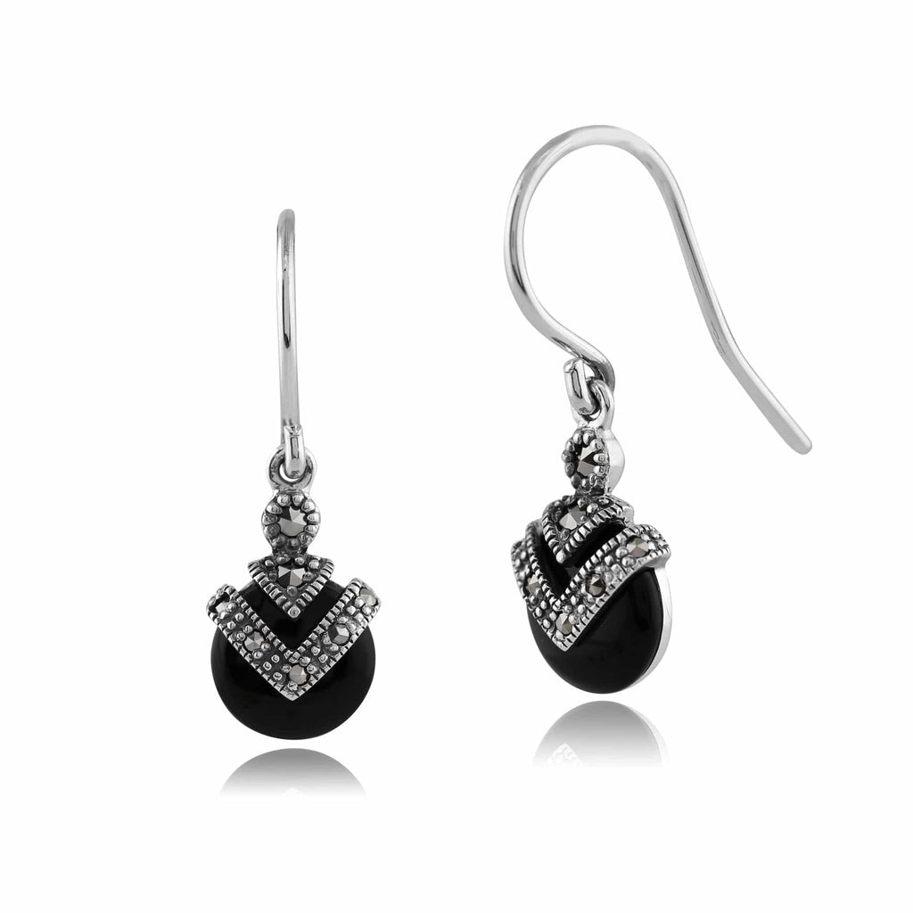 Art Deco Style Round Onyx & Marcasite Drop Earrings 925 Sterling Silver