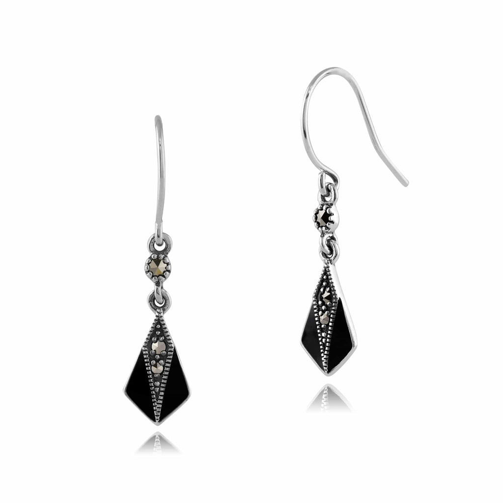 Art Deco Style Round Marcasite & Enamel Drop Earrings 925 Sterling