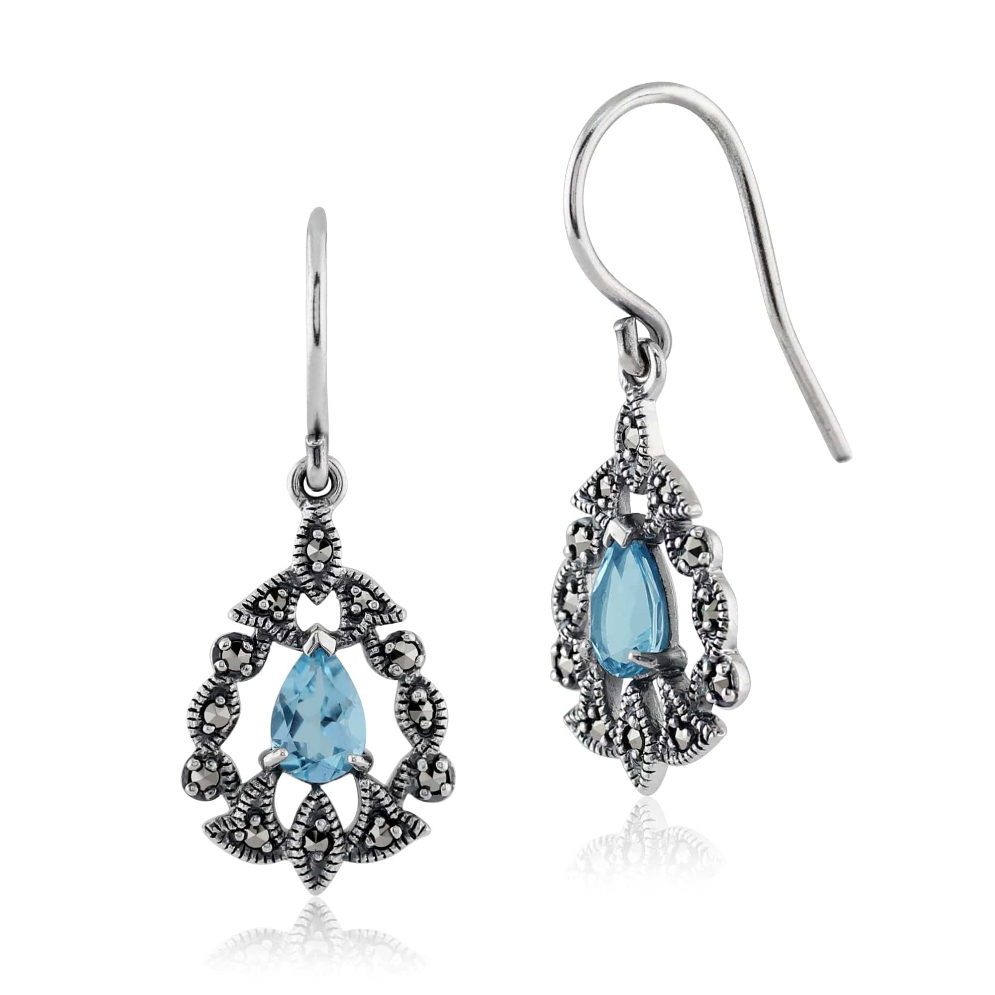 Art Nouveau Style Pear Blue Topaz & Marcasite Drop Earrings in 925 Sterling Silver - Gemondo