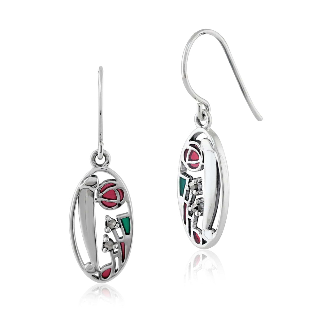 Rennie Mackintosh Round Marcasite & Enamel Drop Earrings 925 Sterling