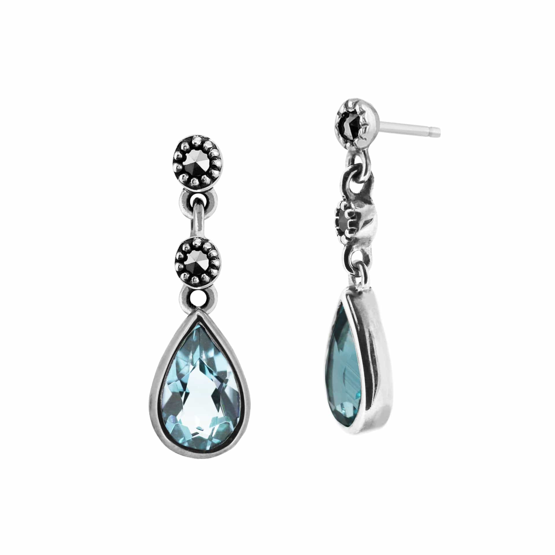 Gemondo Sterling Silver Blue Topaz & Marcasite Three Stone Drop Earrings Image