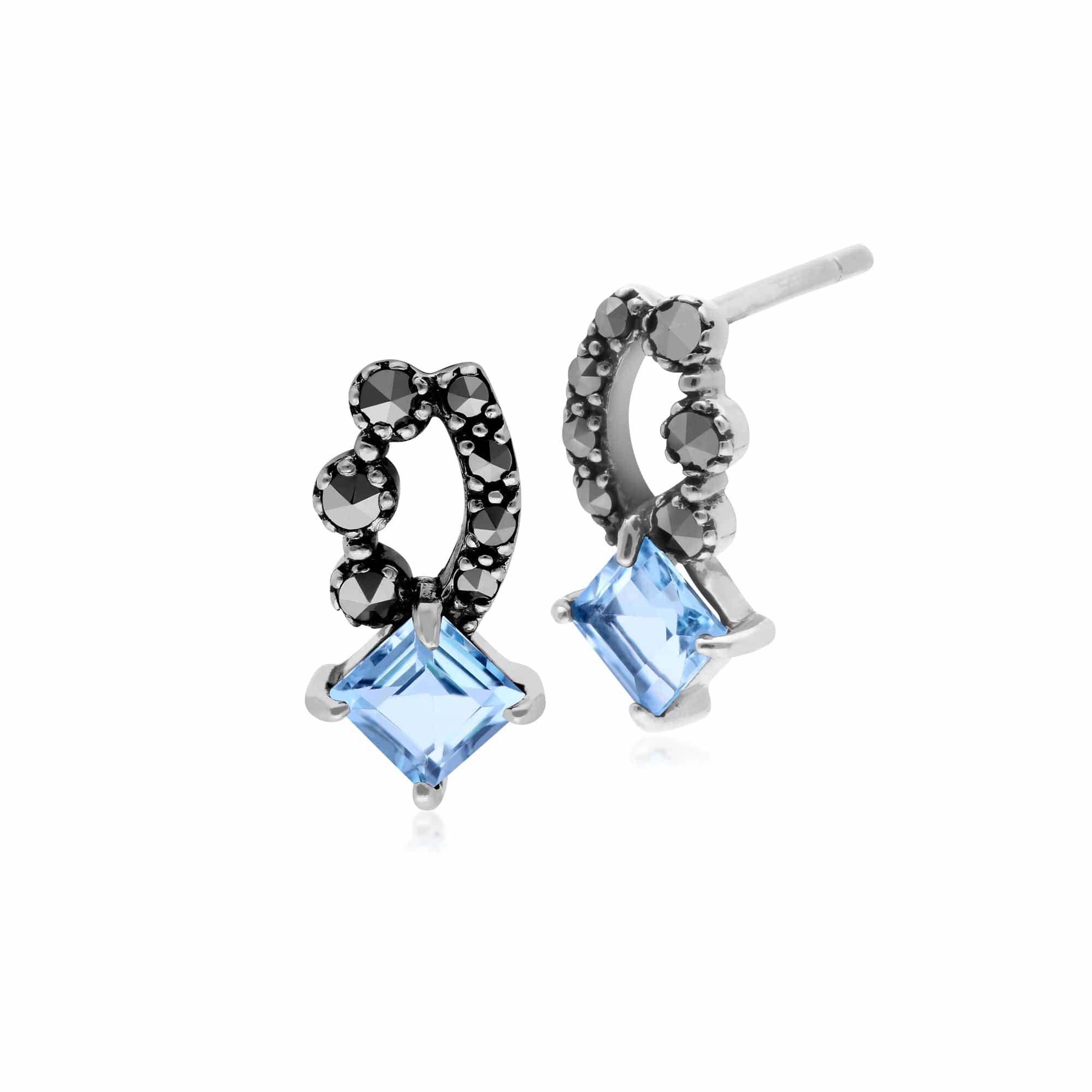 214E707405925 Gemondo Sterling Silver Blue Topaz & Marcasite Stud Earrings 1
