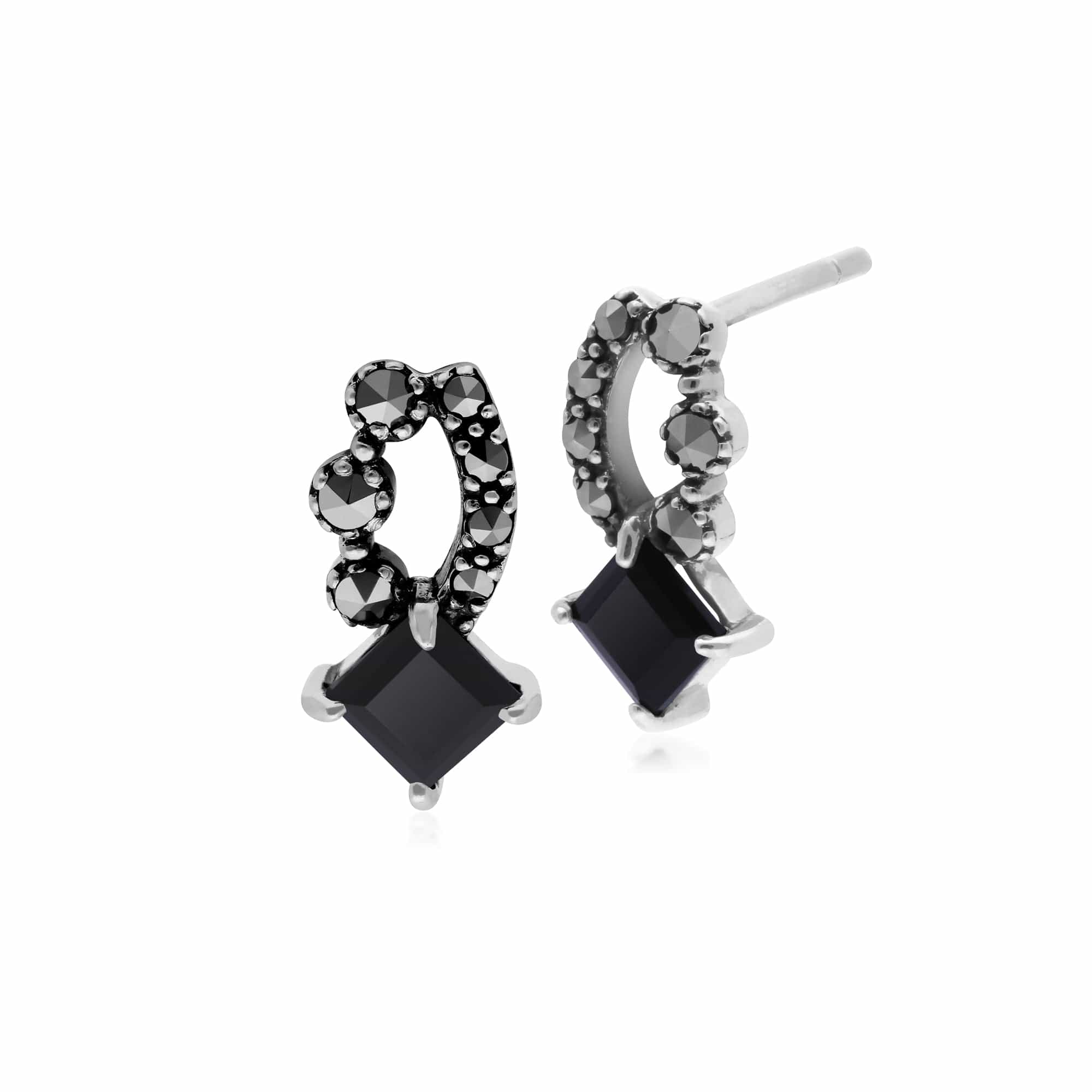 Art Nouveau Style Square Black Onyx  & Marcasite Stud Earrings in 925 Sterling Silver  - Gemondo