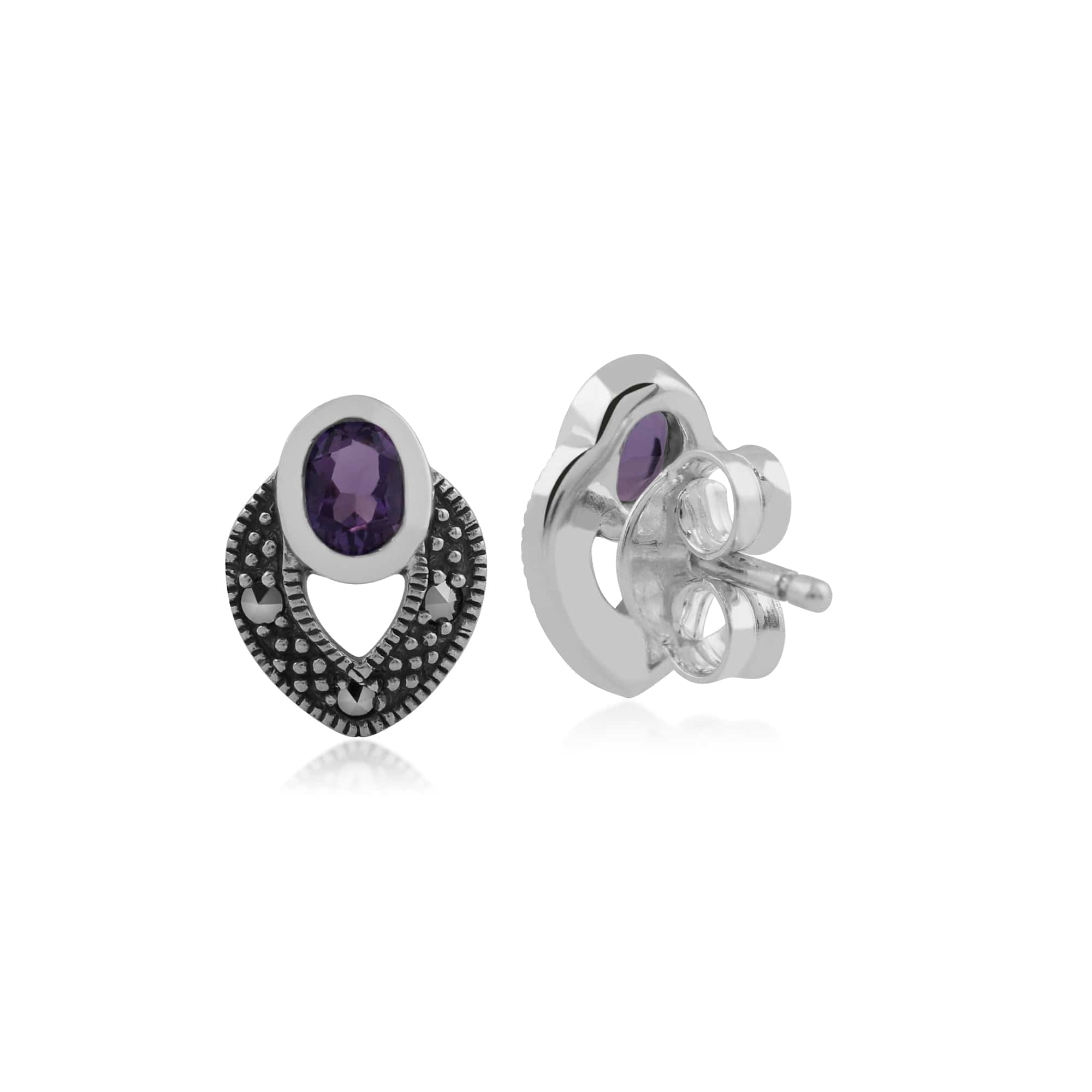 Art Deco Style Oval Amethyst & Marcasite Stud Earrings in 925 Sterling Silver - Gemondo