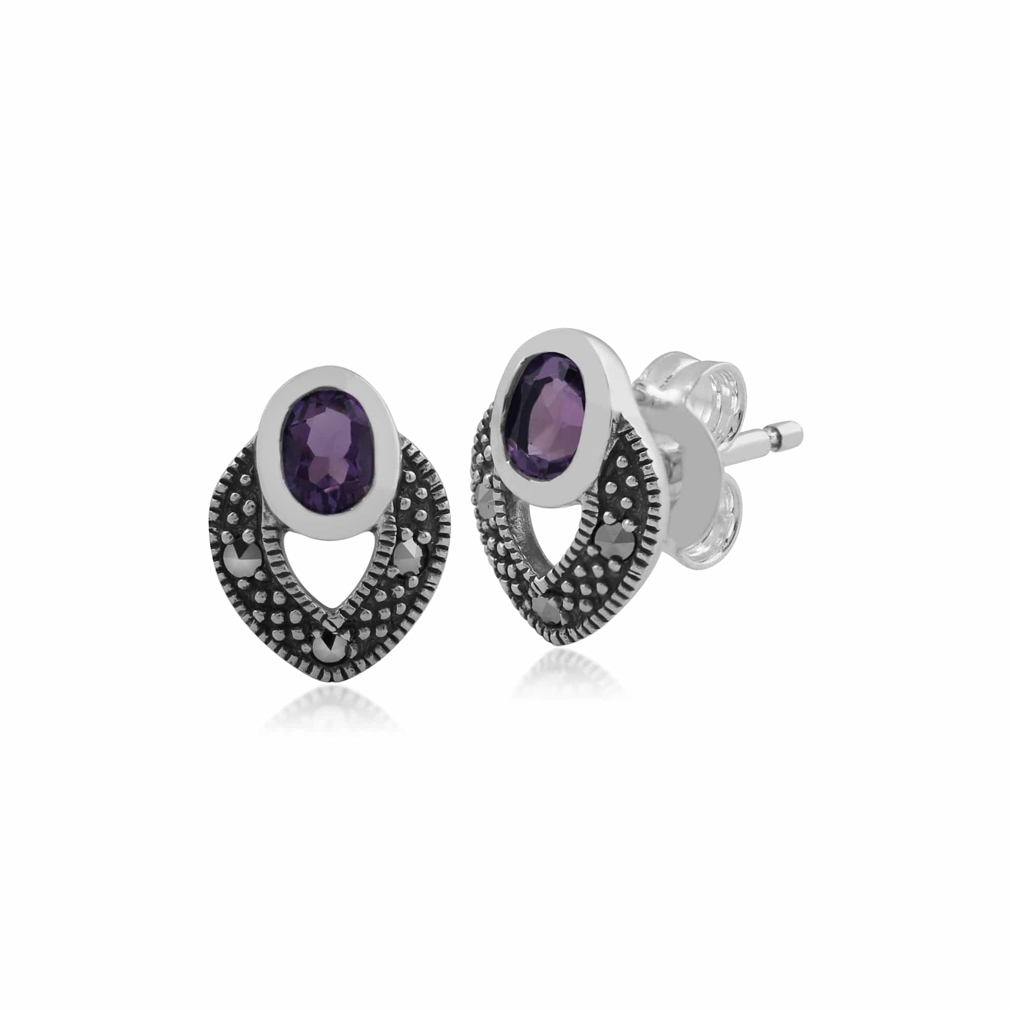 Art Deco Style Oval Amethyst & Marcasite Stud Earrings in 925 Sterling Silver - Gemondo