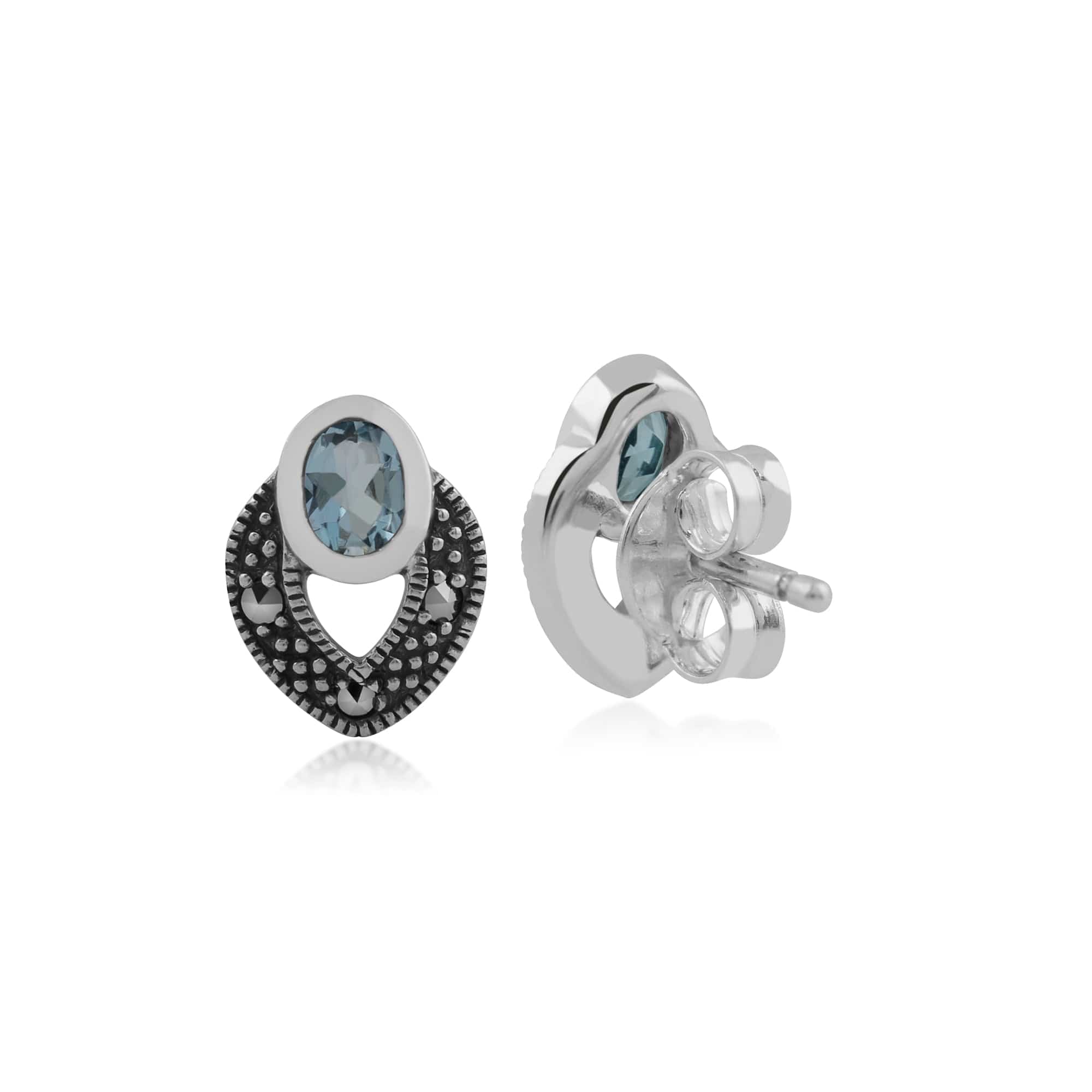 Art Deco Style Oval Aquamarine & Marcasite Stud Earrings in 925 Sterling Silver - Gemondo
