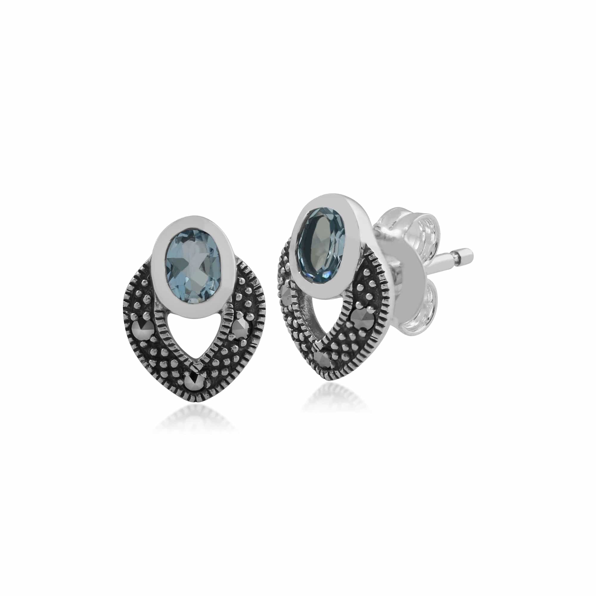 Art Deco Style Oval Aquamarine & Marcasite Stud Earrings in 925 Sterling Silver - Gemondo