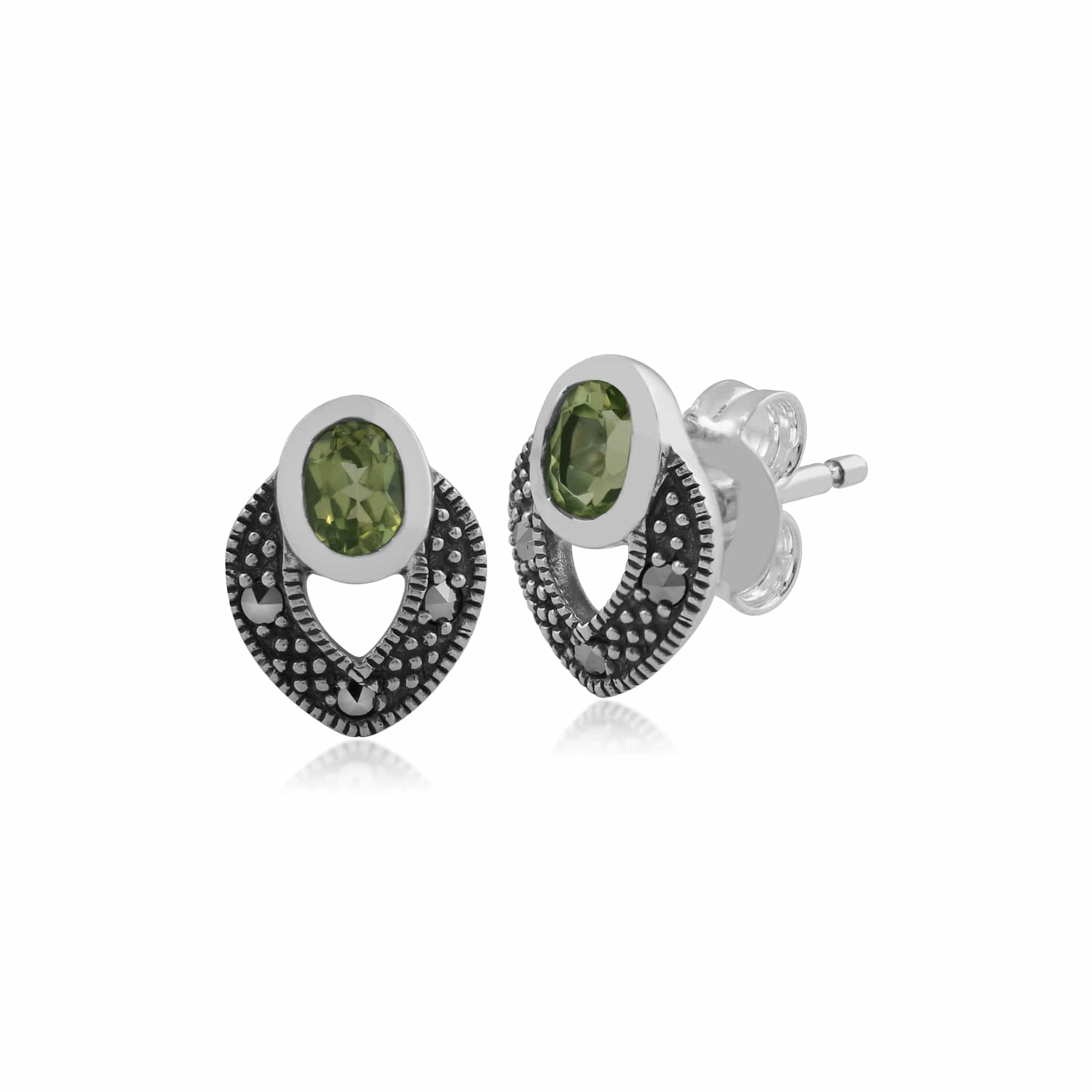 Art Deco Style Oval Peridot & Marcasite Stud Earrings in 925 Sterling Silver - Gemondo