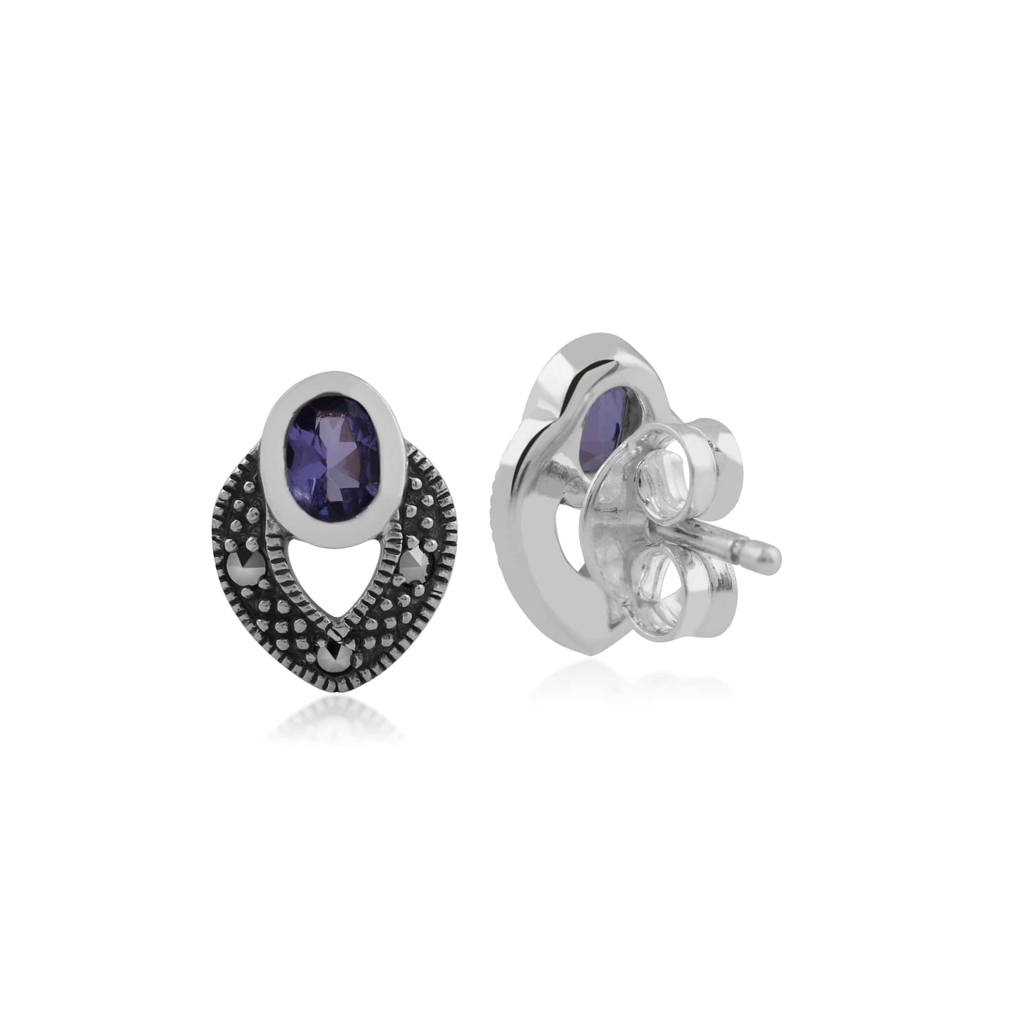 Art Deco Style Oval Tanzanite & Marcasite Stud Earrings in 925 Sterling Silver - Gemondo