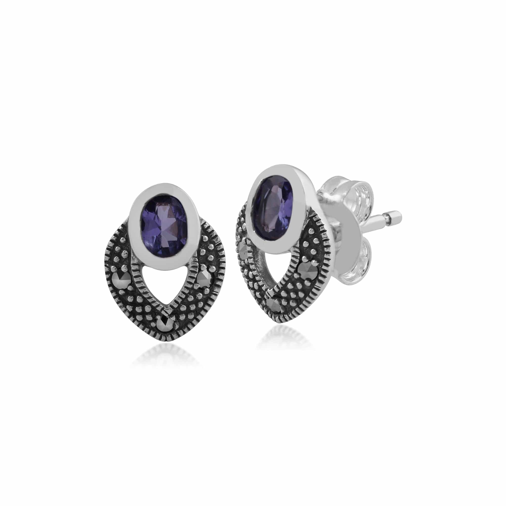 Art Deco Style Oval Tanzanite & Marcasite Stud Earrings in 925 Sterling Silver - Gemondo